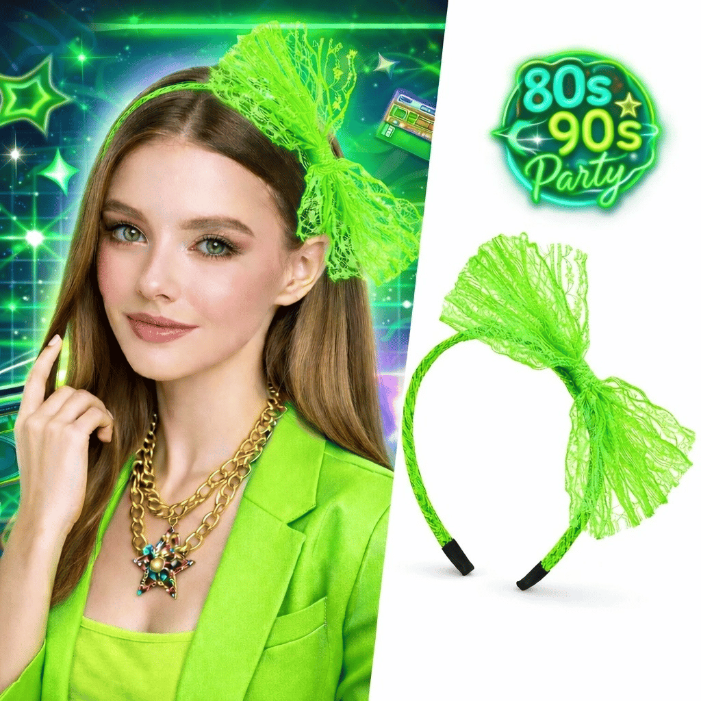 80’ler 90’lar Neon Yeşil Dantel Taç Fiyonklu
