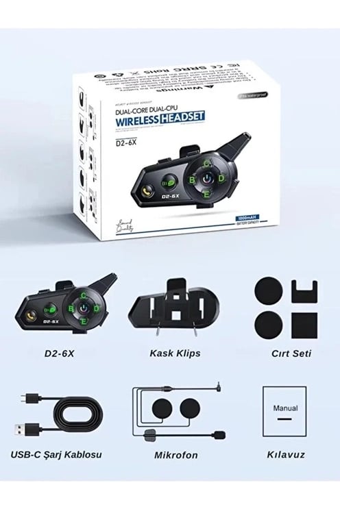 D2-6x 1000m Mesafeli 6 Kanallı İntercom Bluetooth Motosiklet Kask Kulaklığı İntercom Kulaklık