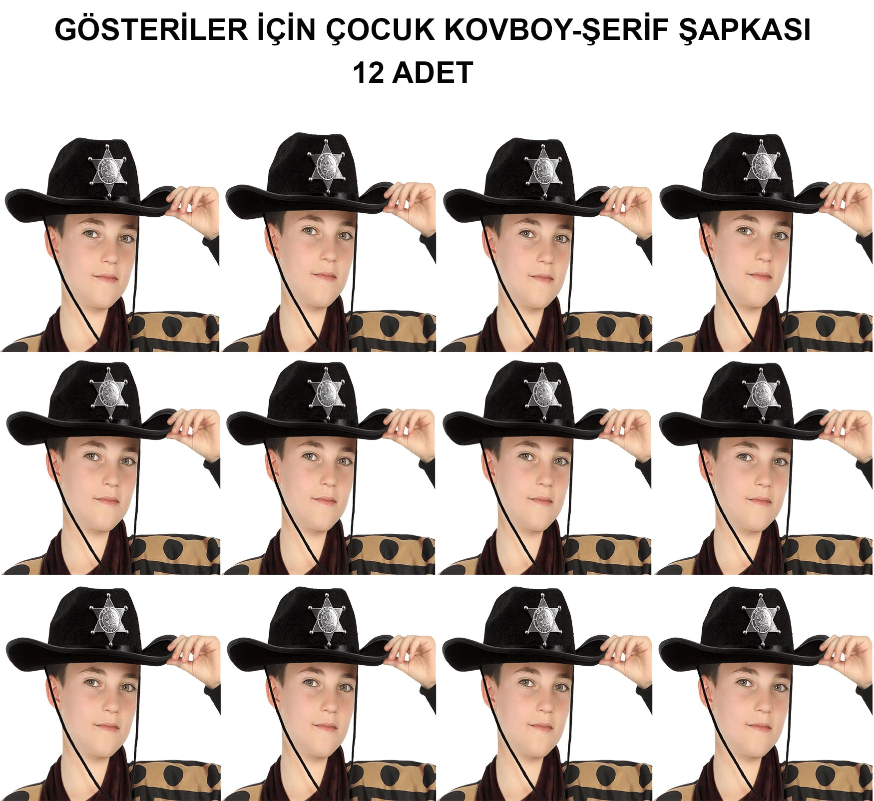 Kovboy Şerif Şapkası Siyah 12 Adet - Kostüm, Parti Ve Gösteri Şapkası