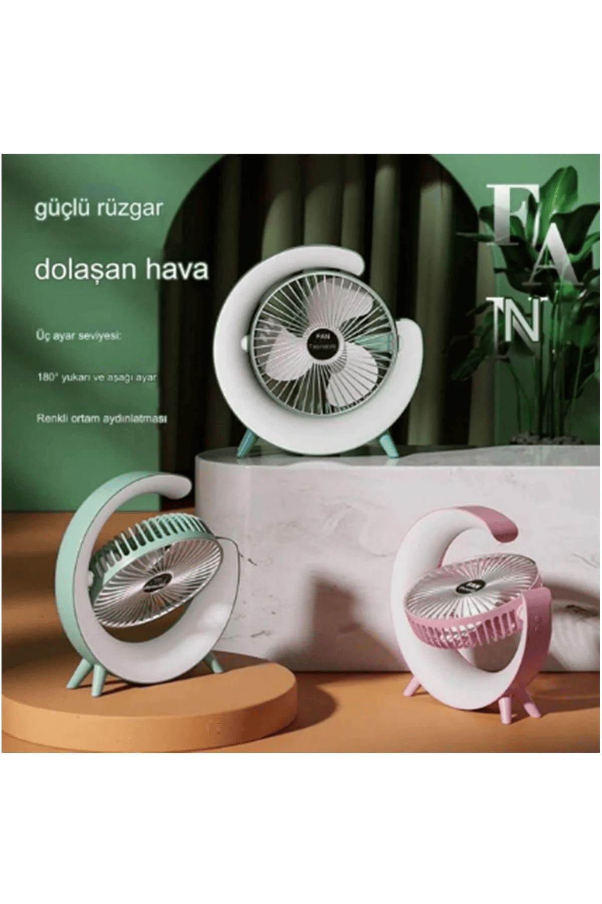 Masaüstü Vantilatör Usb Şarjlı Rgb Led Işıklı 3 Kademeli 180° Ayarlanabilir Soğutucu Fan Mavi