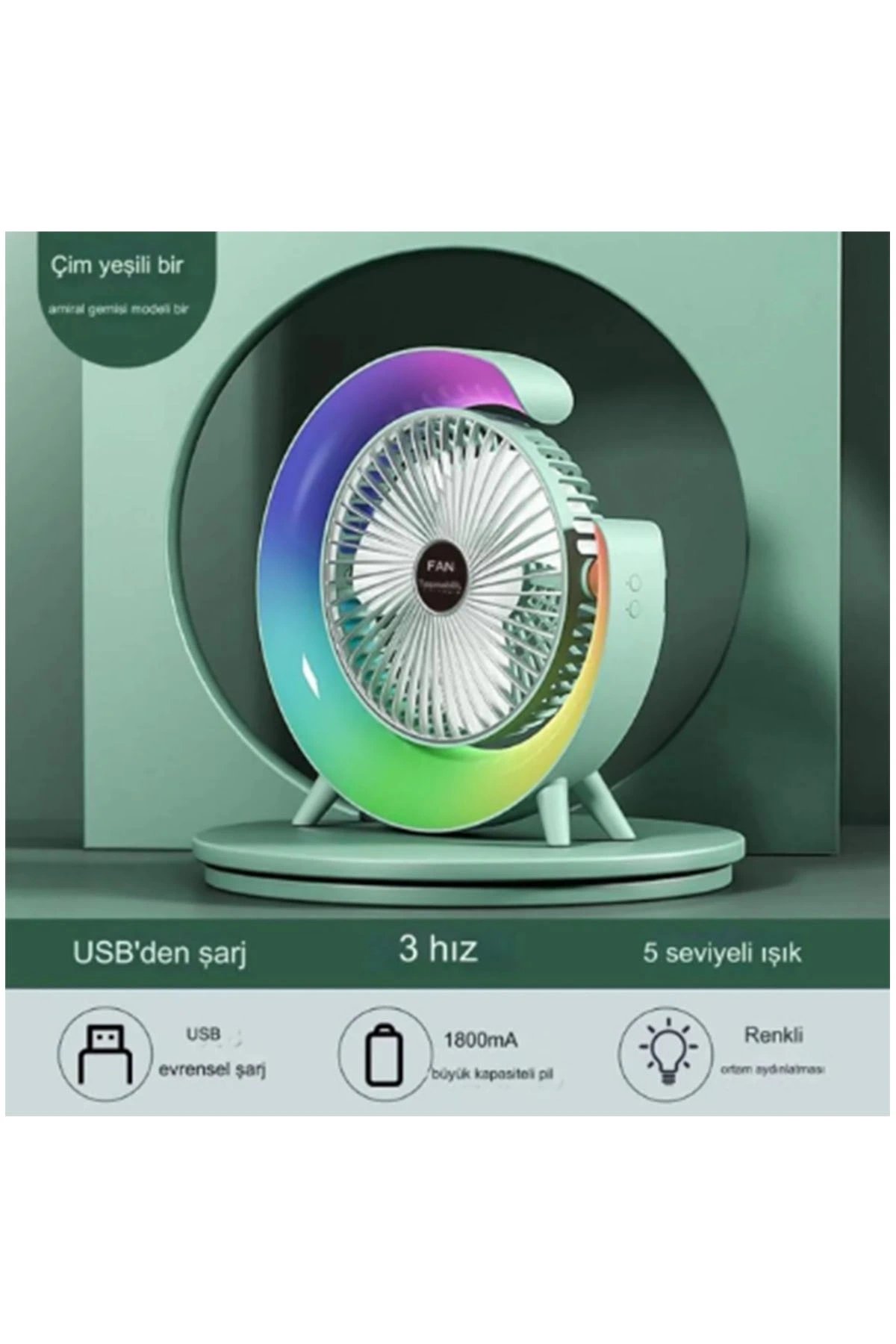 Masaüstü Vantilatör Usb Şarjlı Rgb Led Işıklı 3 Kademeli 180° Ayarlanabilir Soğutucu Fan Yeşil