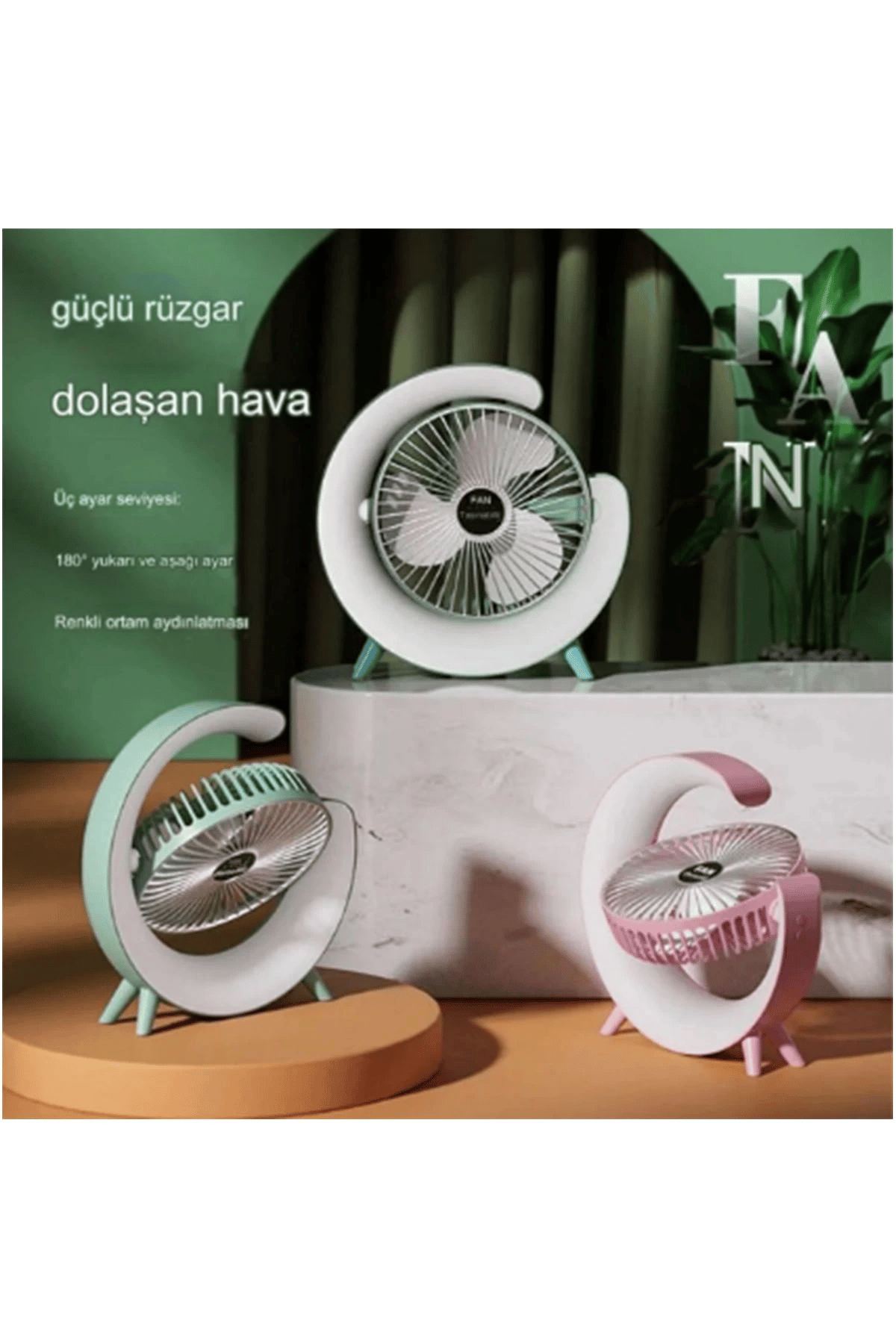 Masaüstü Vantilatör Usb Şarjlı Rgb Led Işıklı 3 Kademeli 180° Ayarlanabilir Soğutucu Fan Mavi