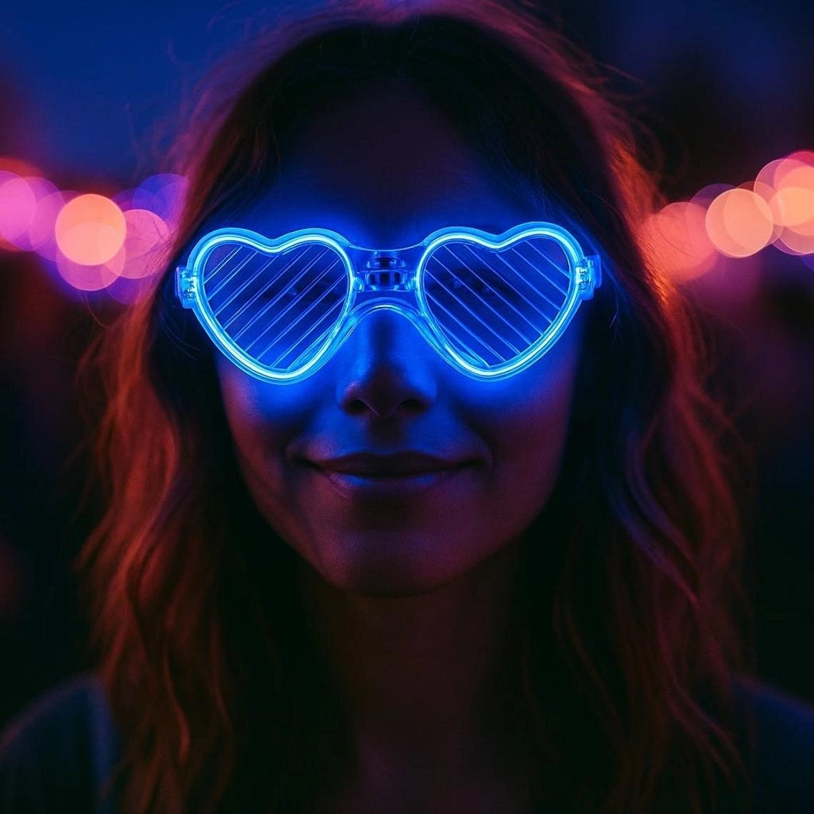Mavi Led Işıklı Kalp Gözlük – 3 Modlu Parti  Glow Gözlüğü