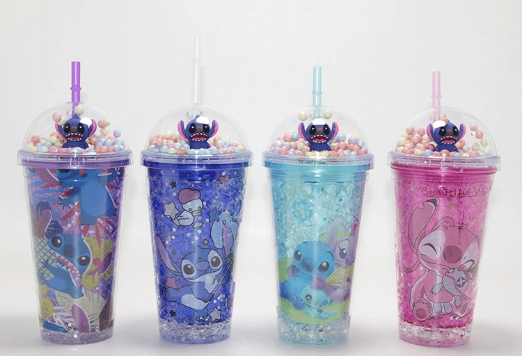 Sevimli Stitch Işıklı Pipetli Pullu Suluk & Bardak 400 Ml  Alk4704