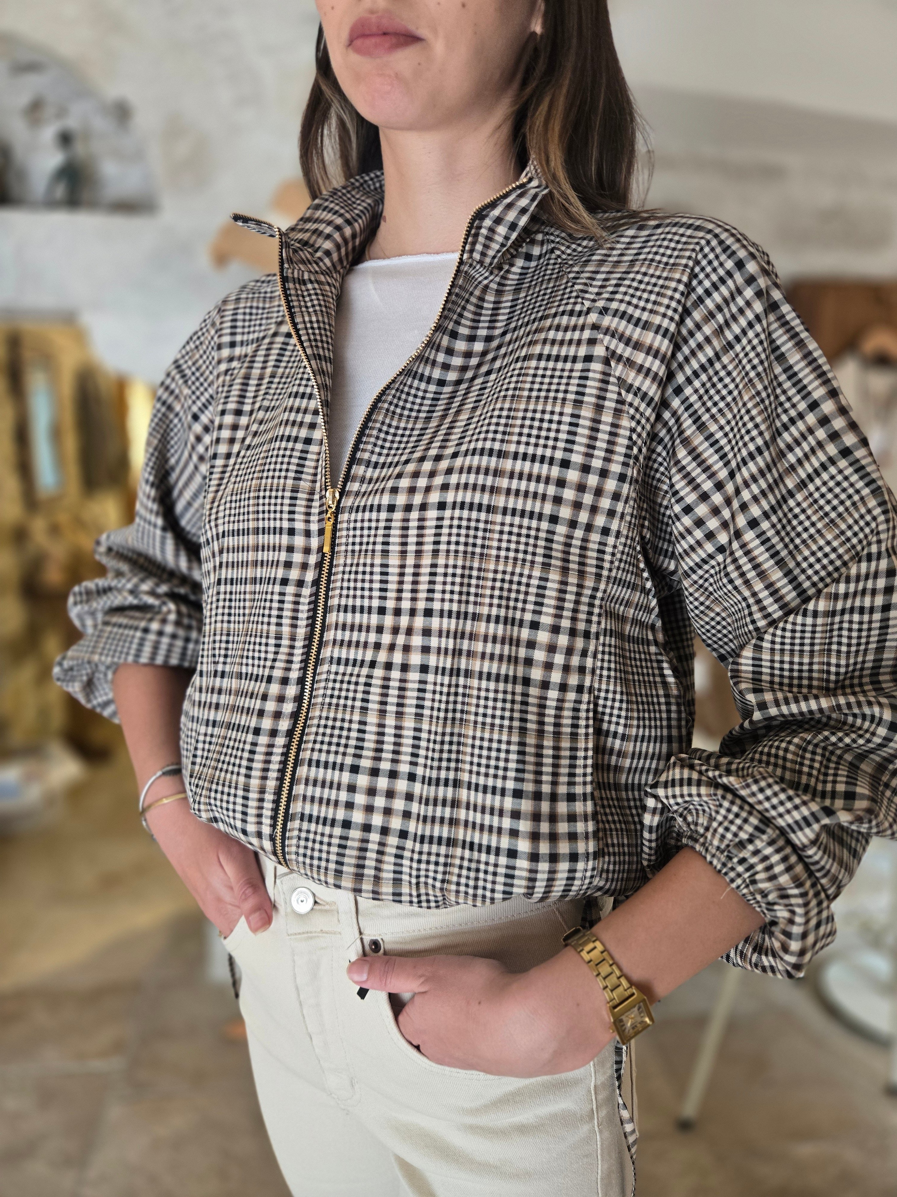 Ekose Bel Bağcıklı Astarlı Ceket
