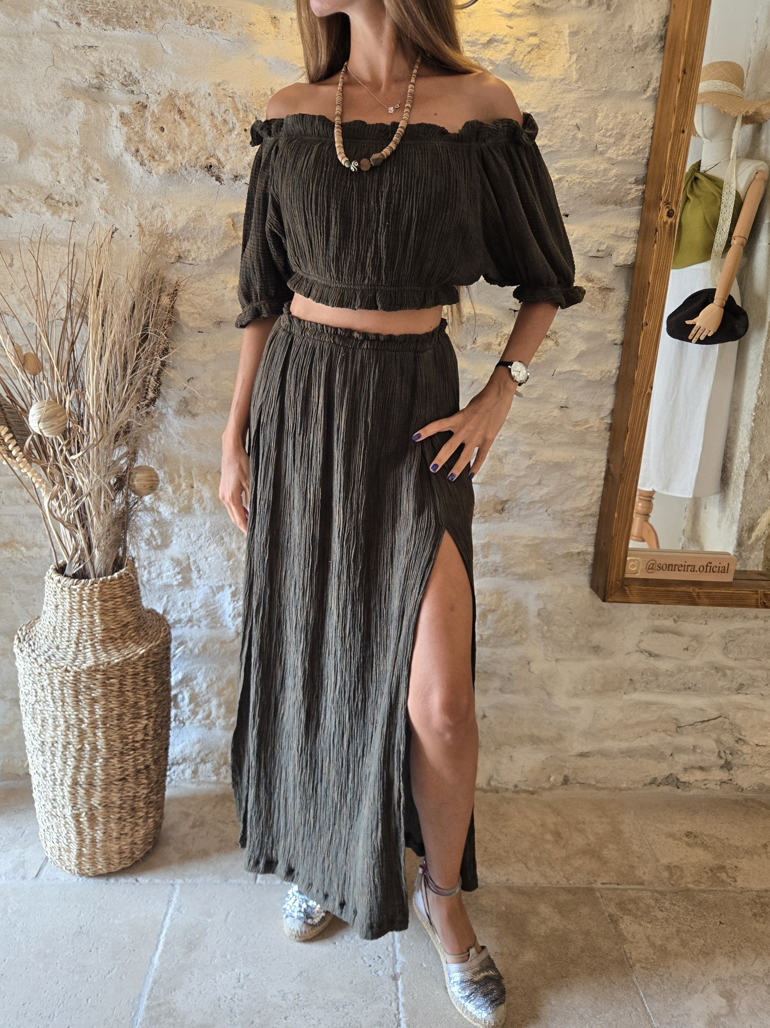 Haki Yeşili Cleopatra Etek Crop Takım 
