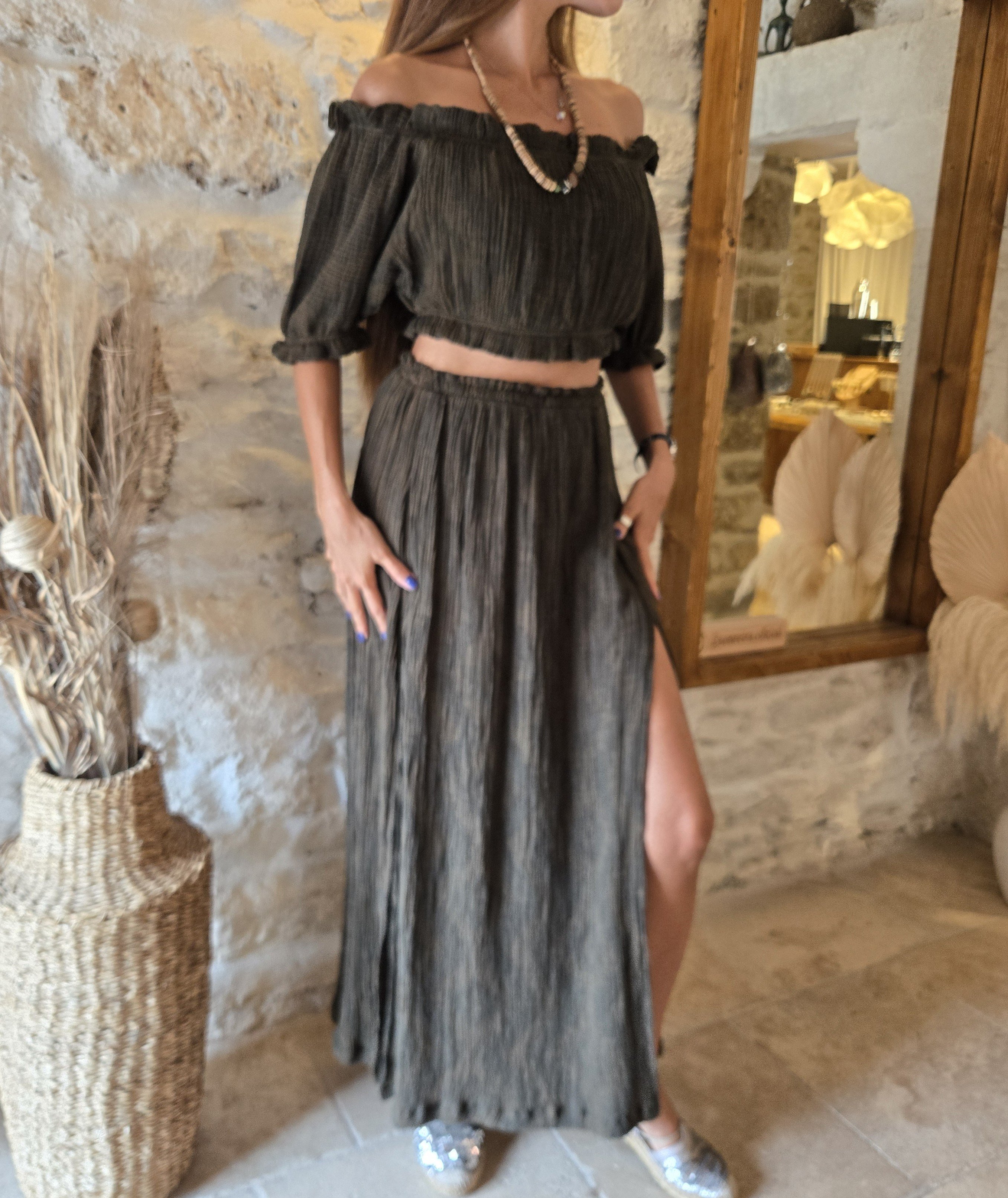 Haki Yeşili Cleopatra Etek Crop Takım 