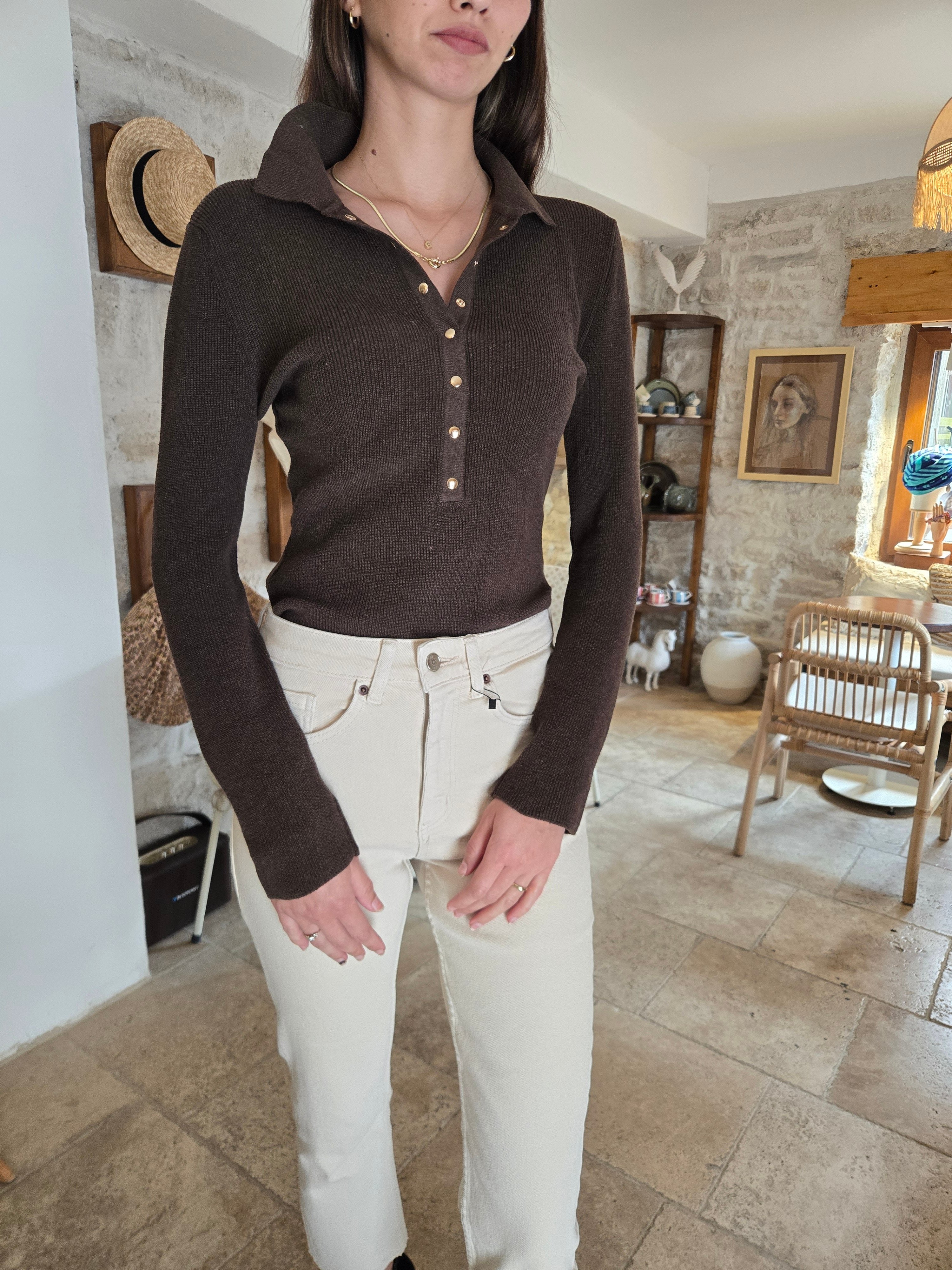 Polo Yaka Çıtçıtlı Triko Bluz 