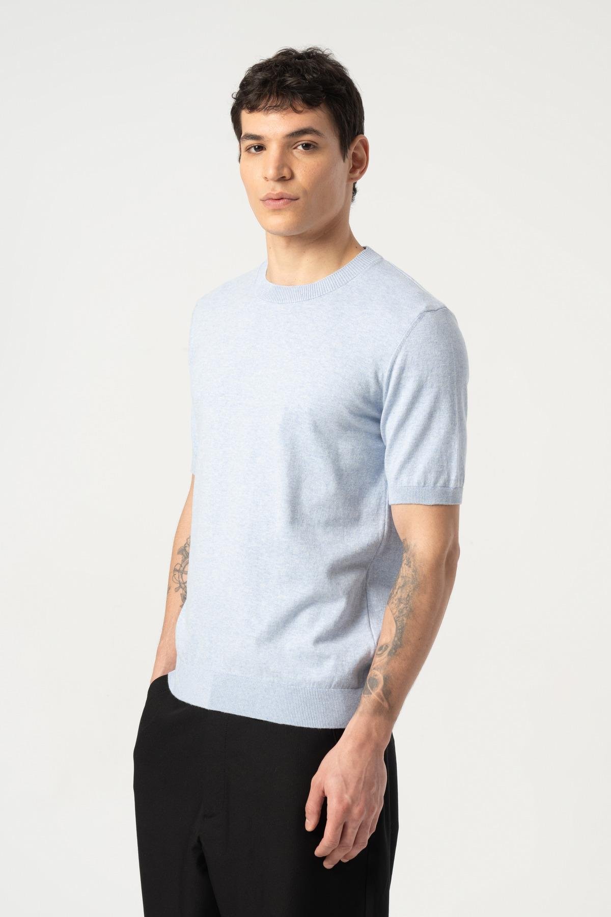 Triko Bisiklet Yaka Tshirt %100 Pamuk Açık Mavi
