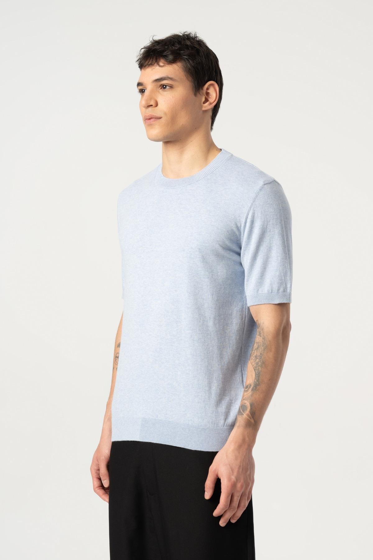 Triko Bisiklet Yaka Tshirt %100 Pamuk Açık Mavi