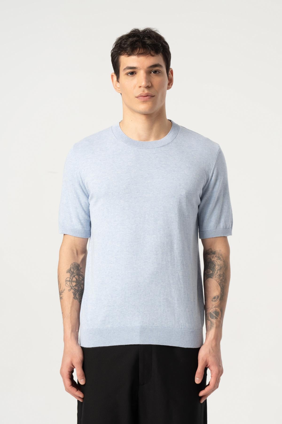 Triko Bisiklet Yaka Tshirt %100 Pamuk Açık Mavi