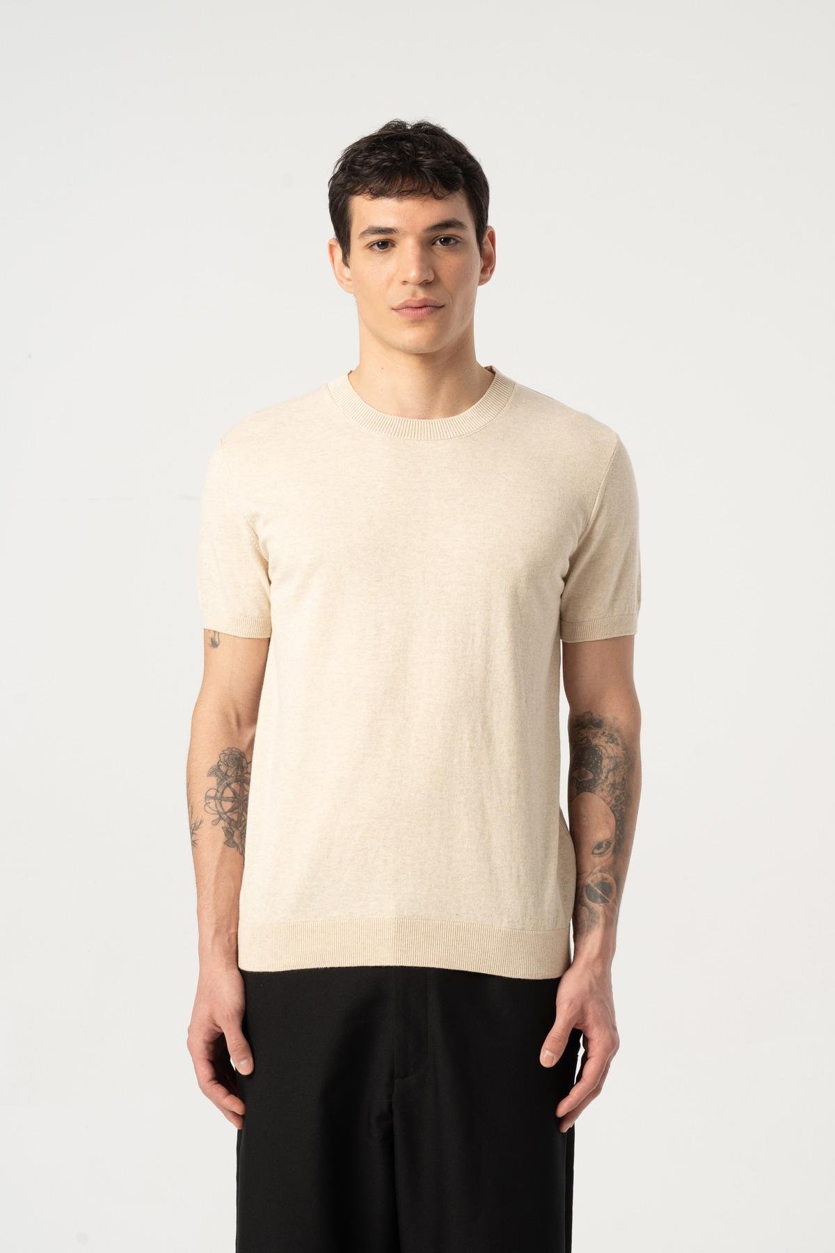 Triko Bisiklet Yaka Tshirt %100 Pamuk Bej