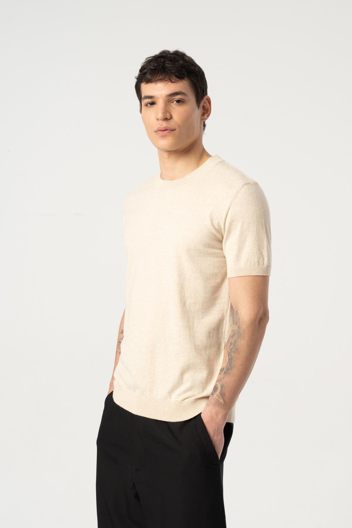Triko Bisiklet Yaka Tshirt %100 Pamuk Bej