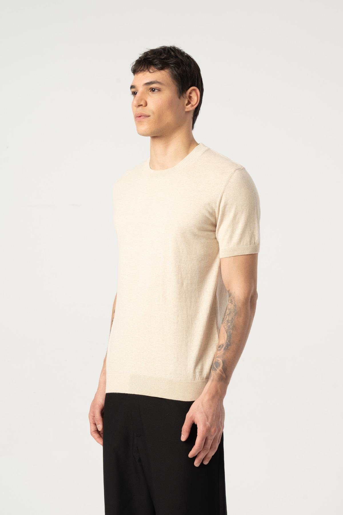 Triko Bisiklet Yaka Tshirt %100 Pamuk Bej
