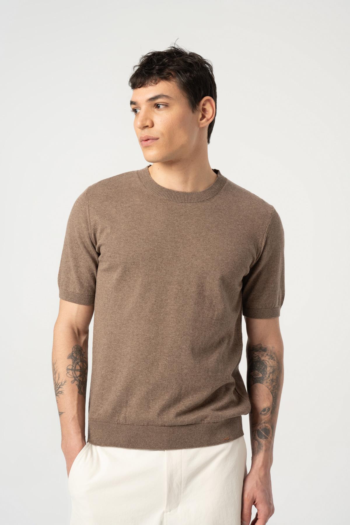 Triko Bisiklet Yaka Tshirt %100 Pamuk Kahve