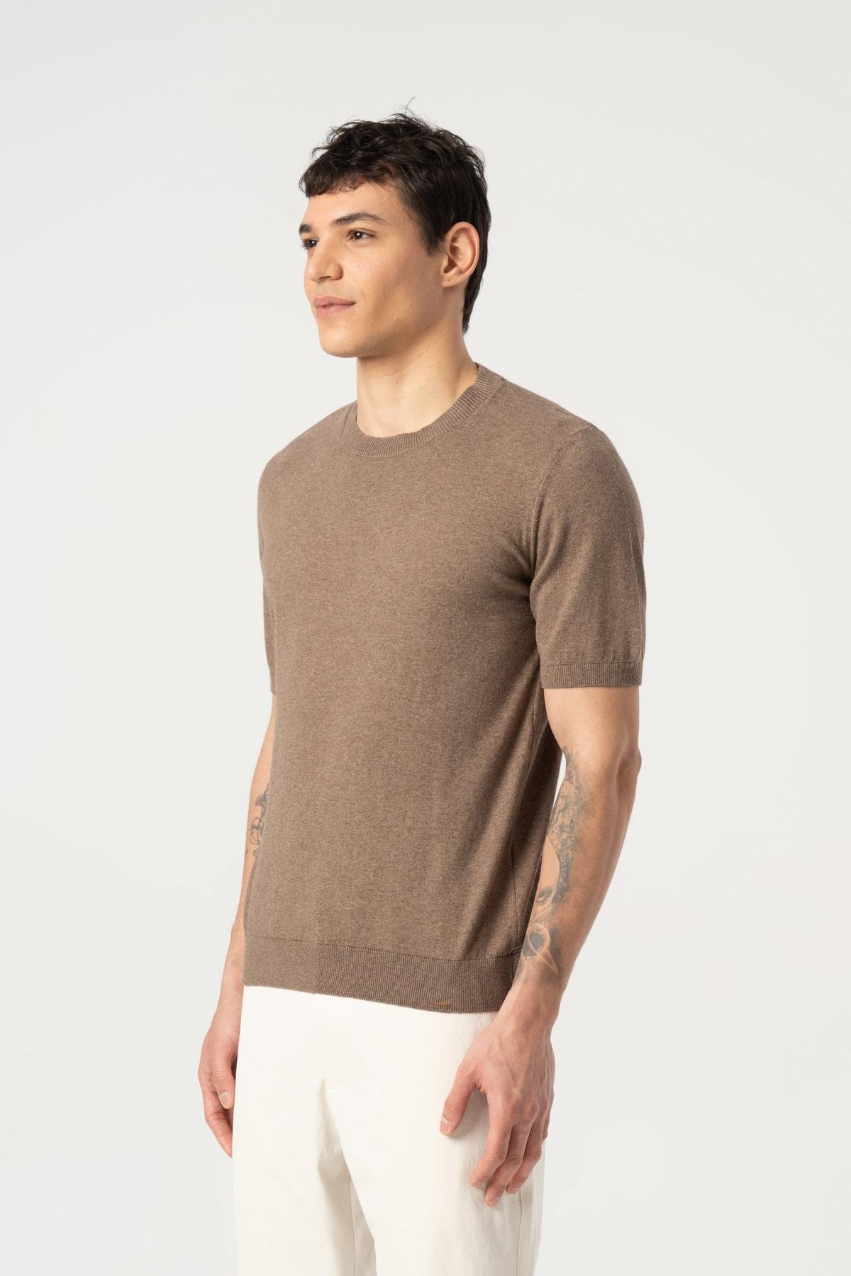 Triko Bisiklet Yaka Tshirt %100 Pamuk Kahve