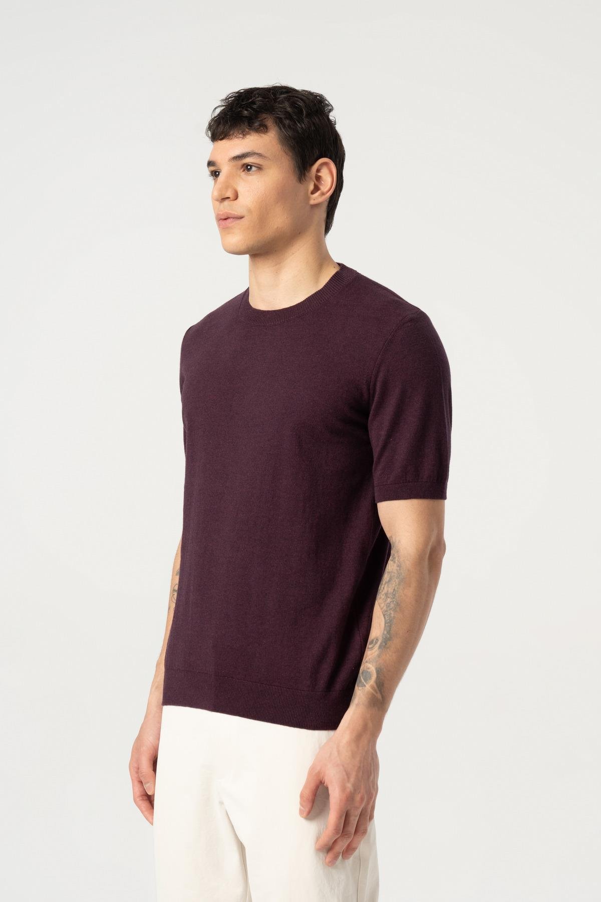 Triko Bisiklet Yaka Tshirt %100 Pamuk Mor