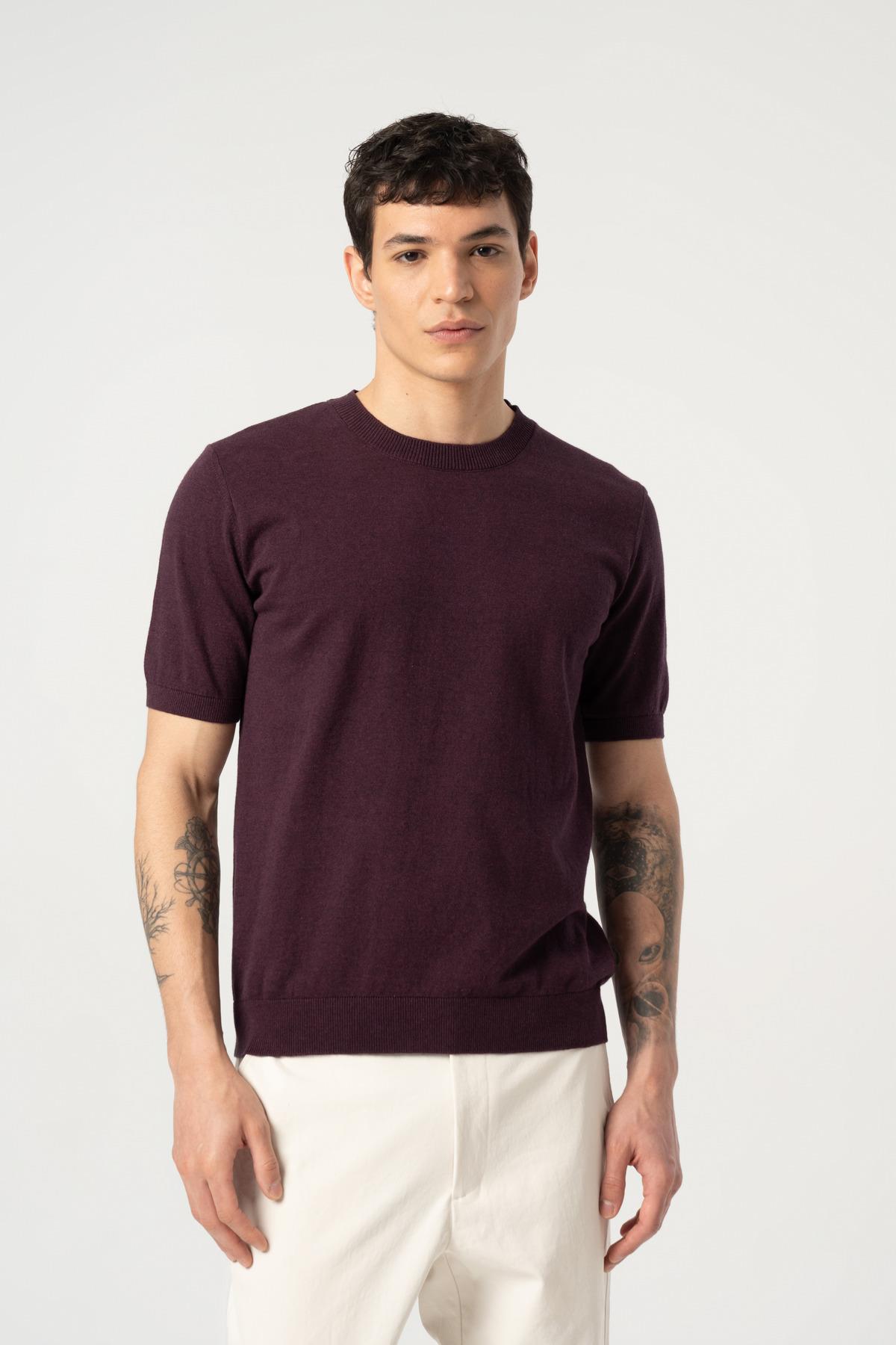 Triko Bisiklet Yaka Tshirt %100 Pamuk Mor