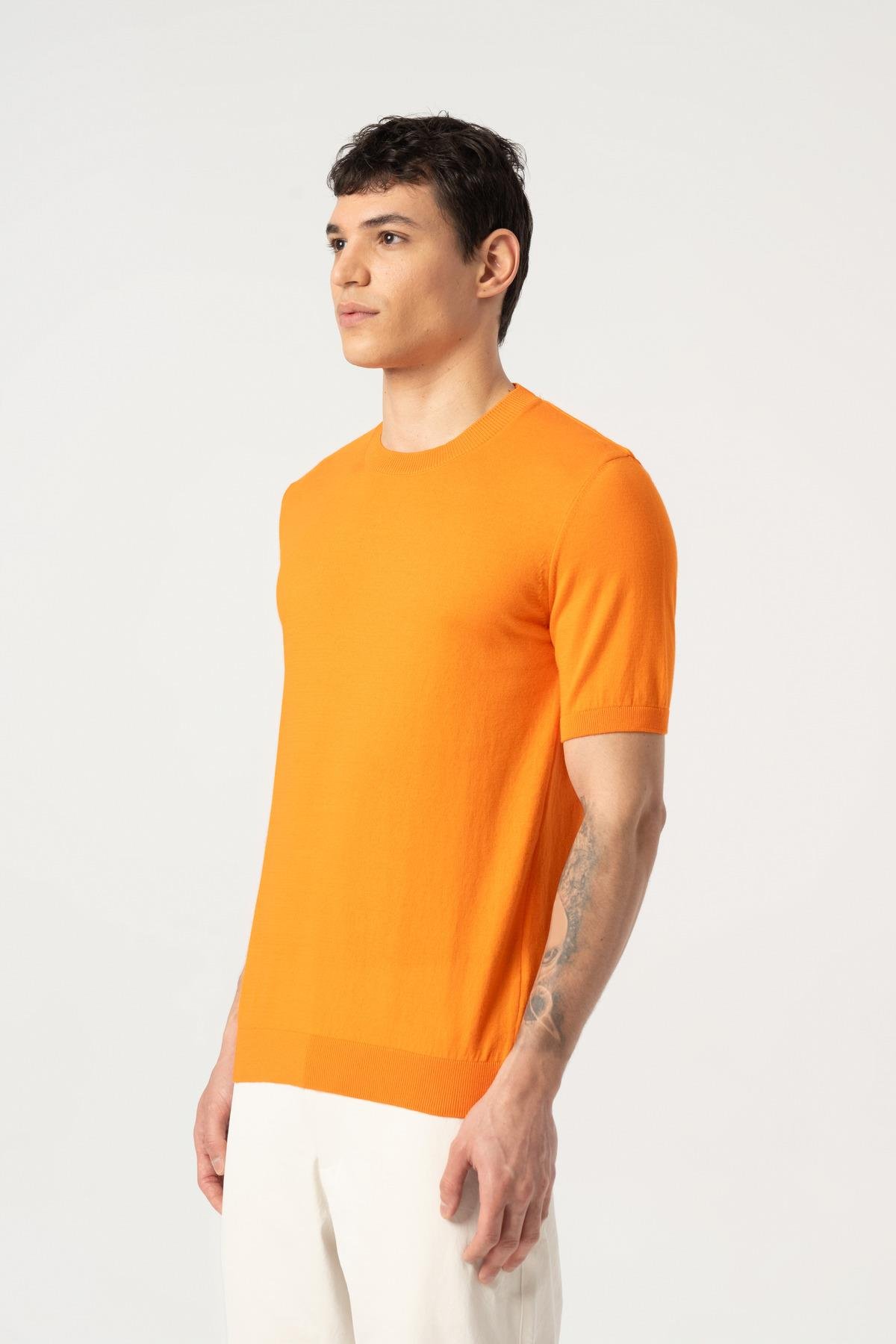 Triko Bisiklet Yaka Tshirt %100 Pamuk Oranj