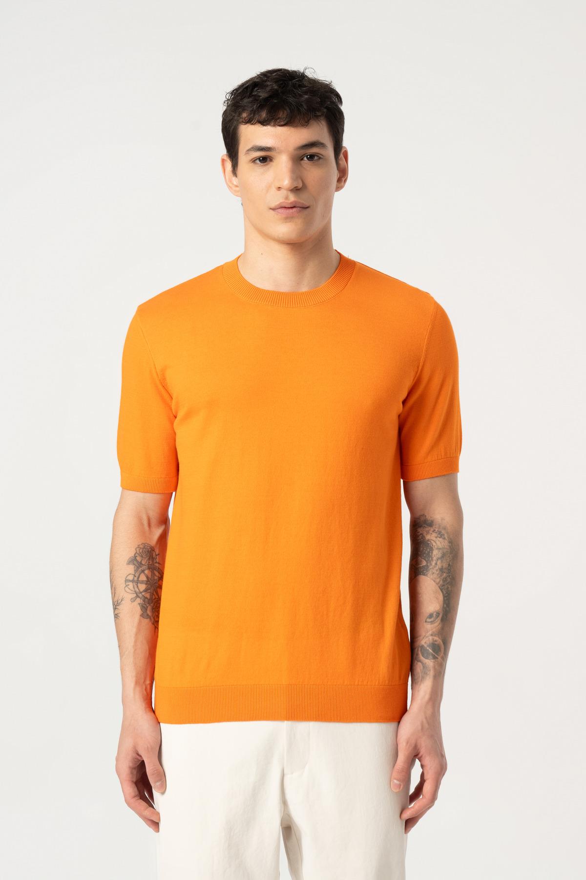 Triko Bisiklet Yaka Tshirt %100 Pamuk Oranj