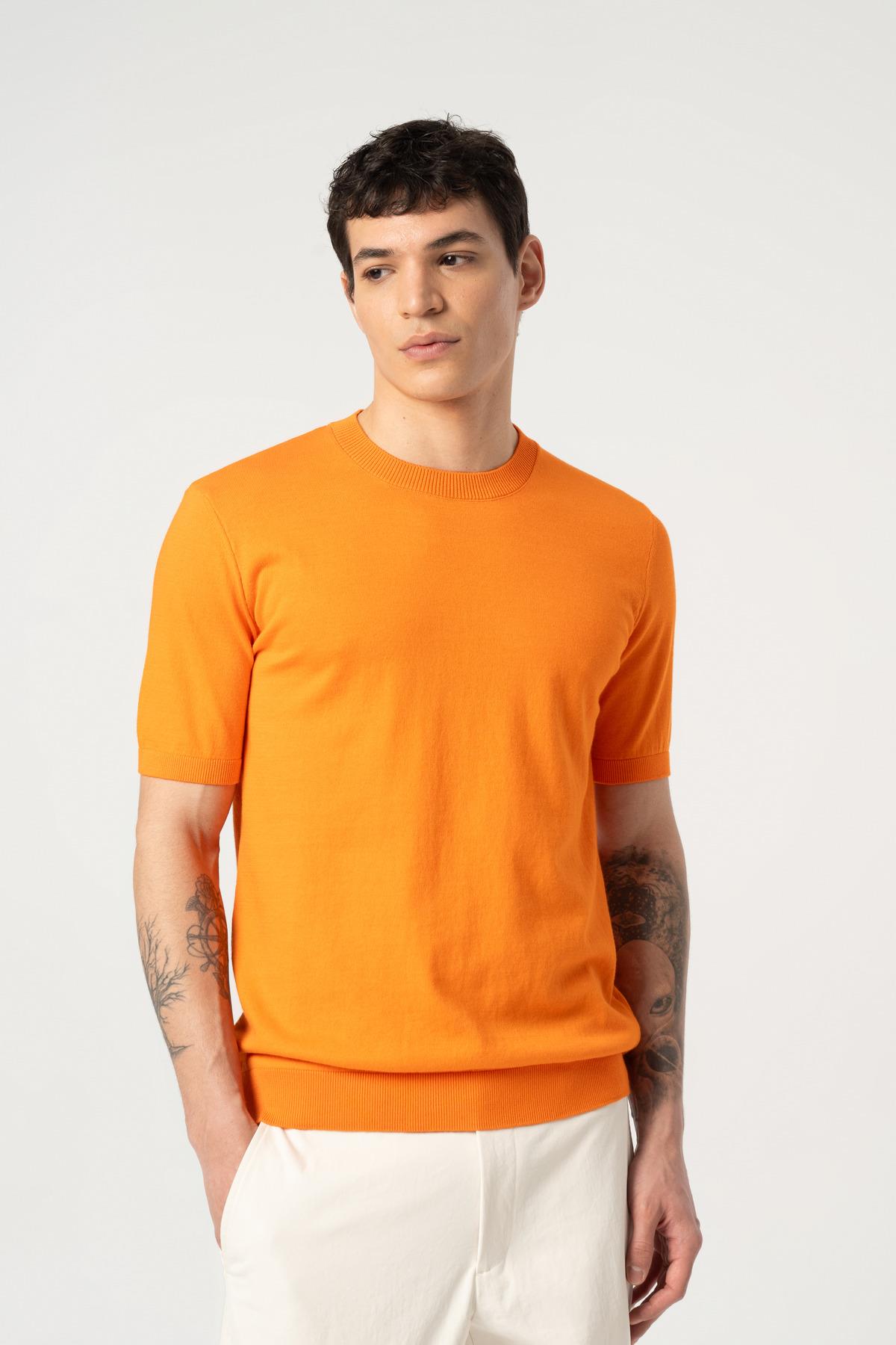 Triko Bisiklet Yaka Tshirt %100 Pamuk Oranj