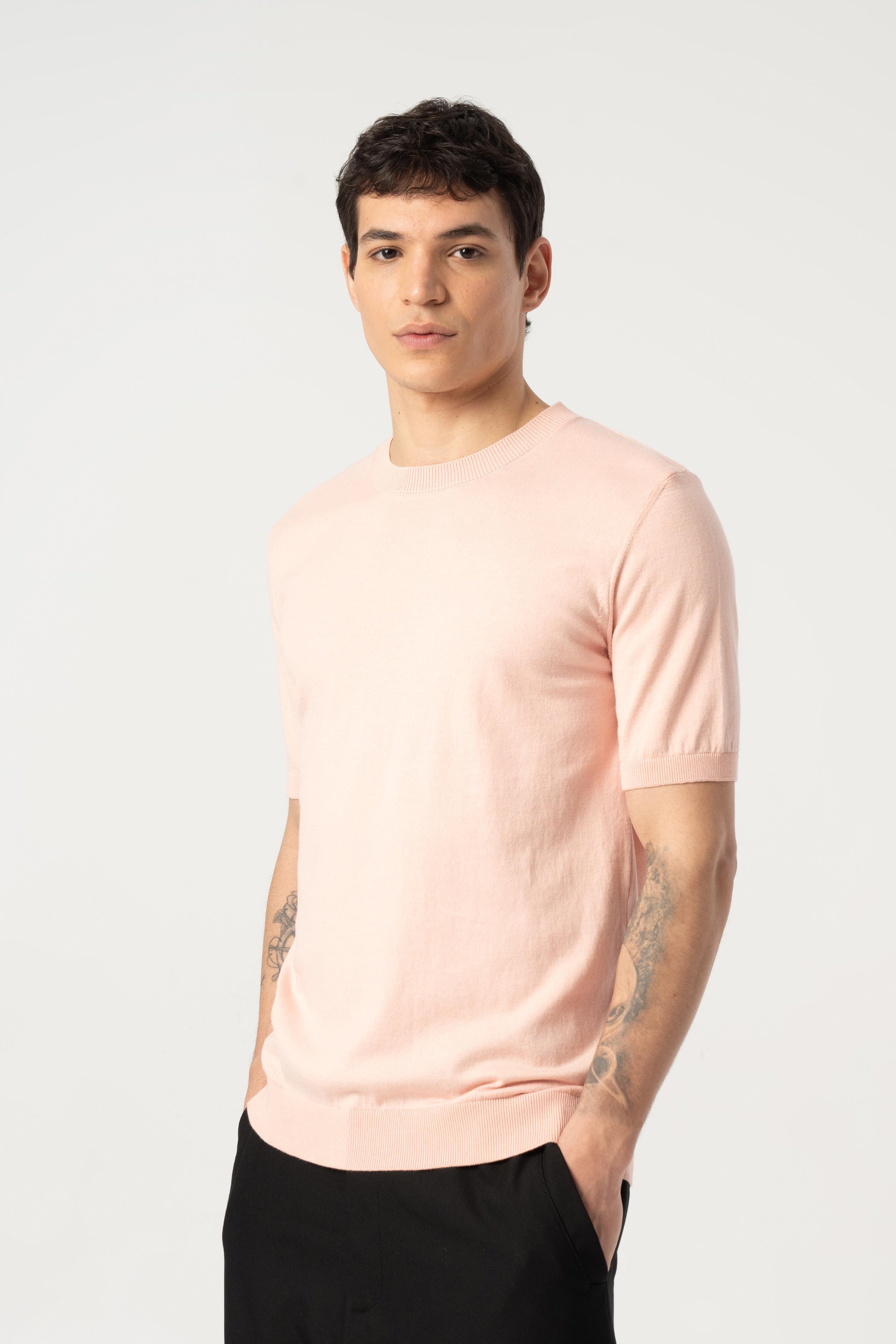 Triko Bisiklet Yaka Tshirt %100 Pamuk Pembe