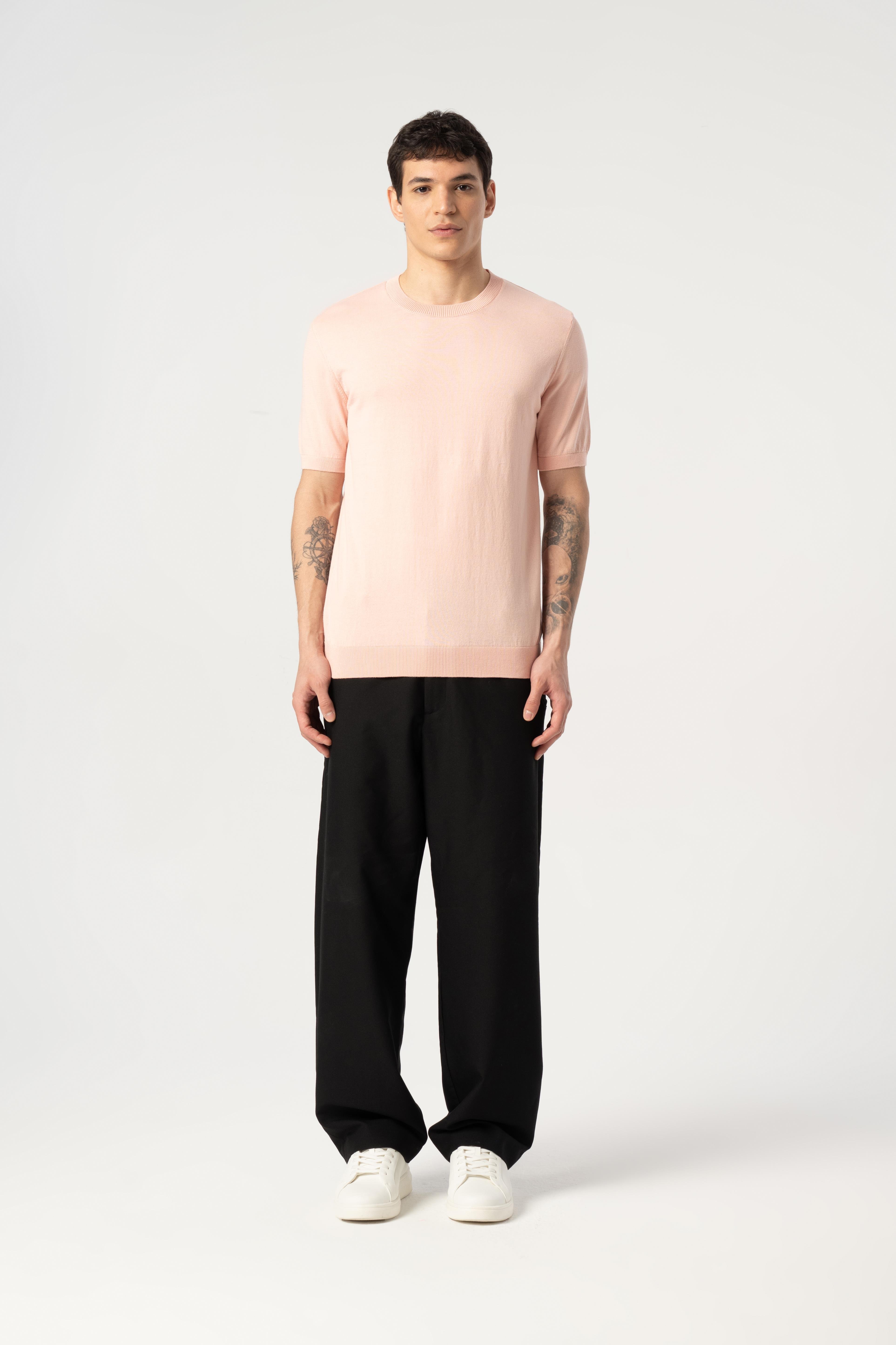 Triko Bisiklet Yaka Tshirt %100 Pamuk Pembe