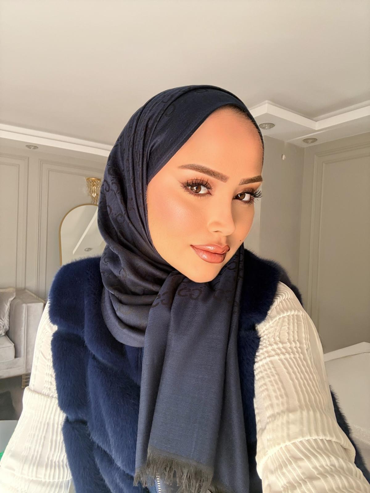 G Desen İthal Yün İpek Şal Lacivert Çift Taraflı