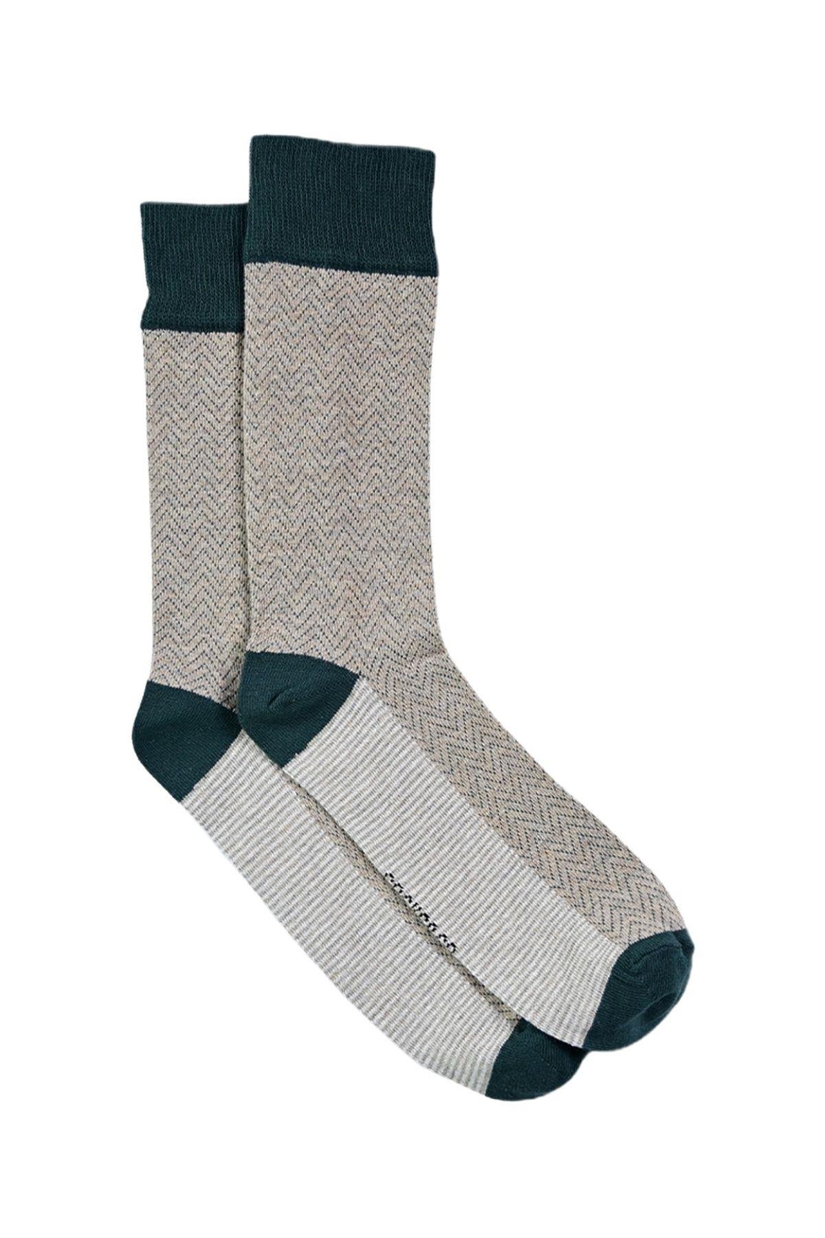 Erkek Bej-Haki Blok Desenli Soket Çorap