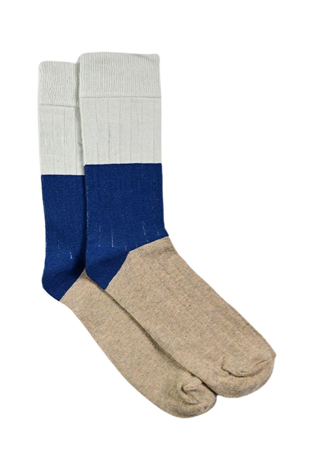 Erkek Bej-Mavi Blok Desenli Soket Çorap