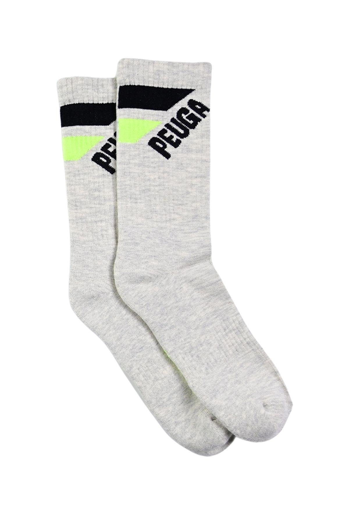 Erkek Bej-Neon Sarı Yazılı Soket Çorap