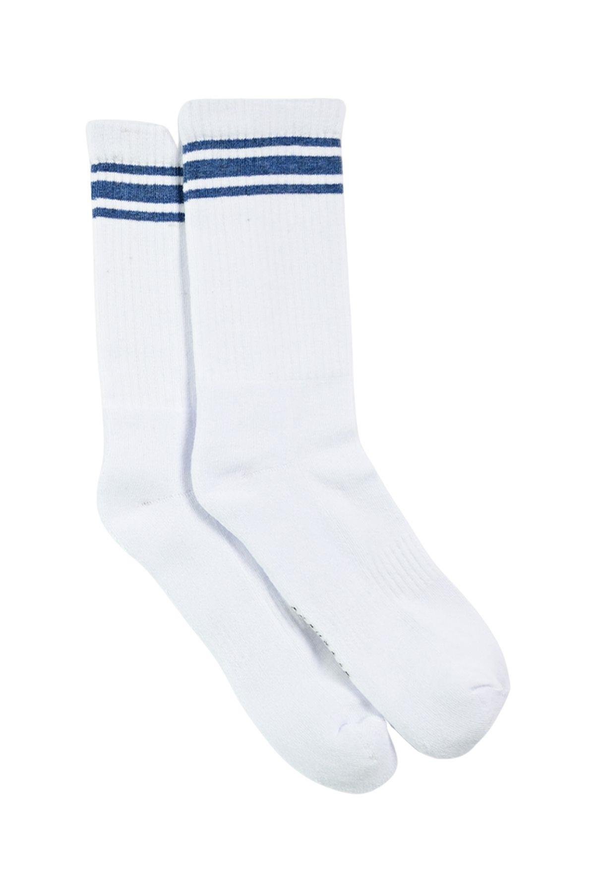 Erkek Beyaz-Mavi Çizgili Soket Çorap