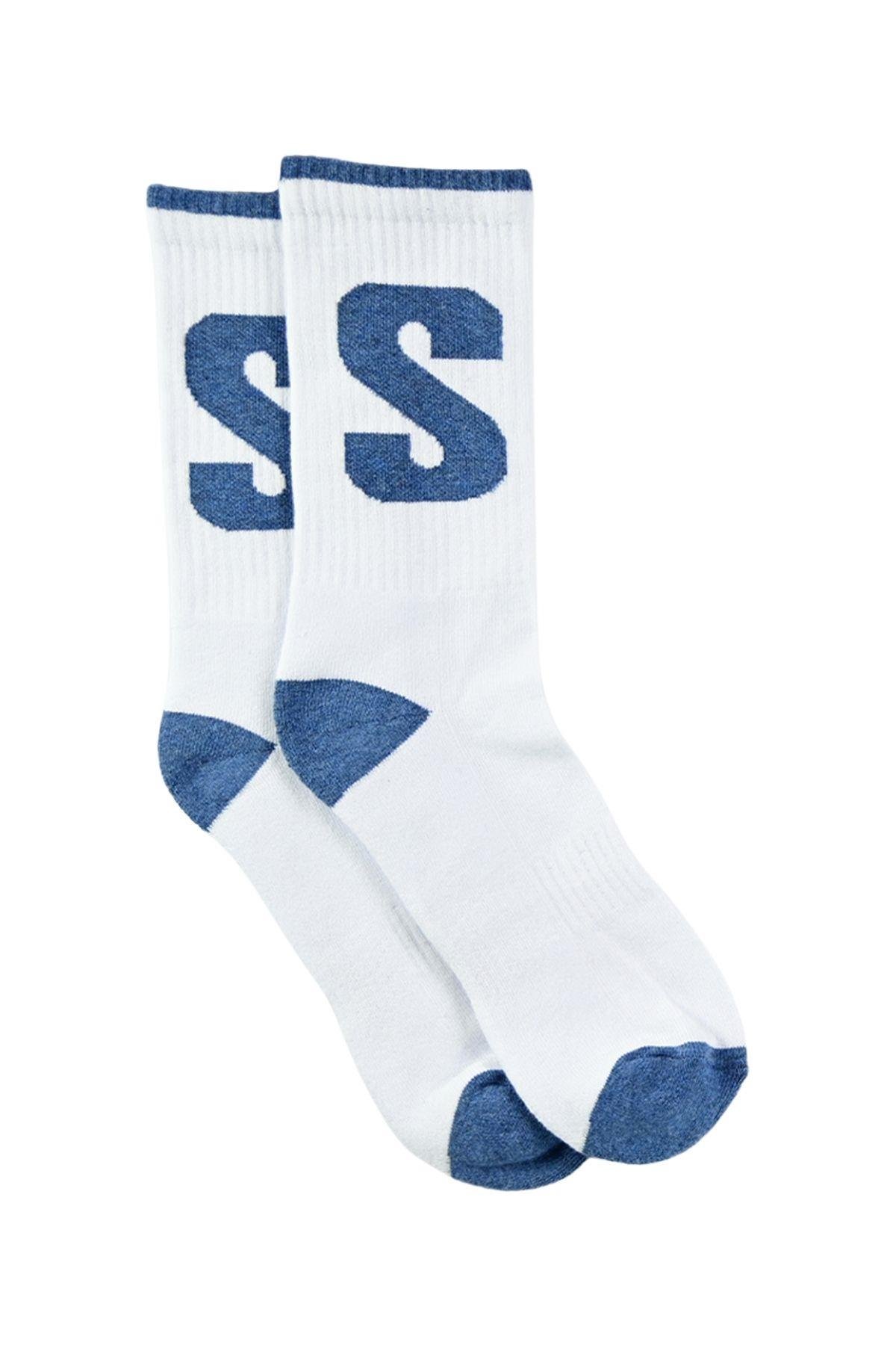 Erkek Beyaz-Mavi S Harfli Soket Çorap