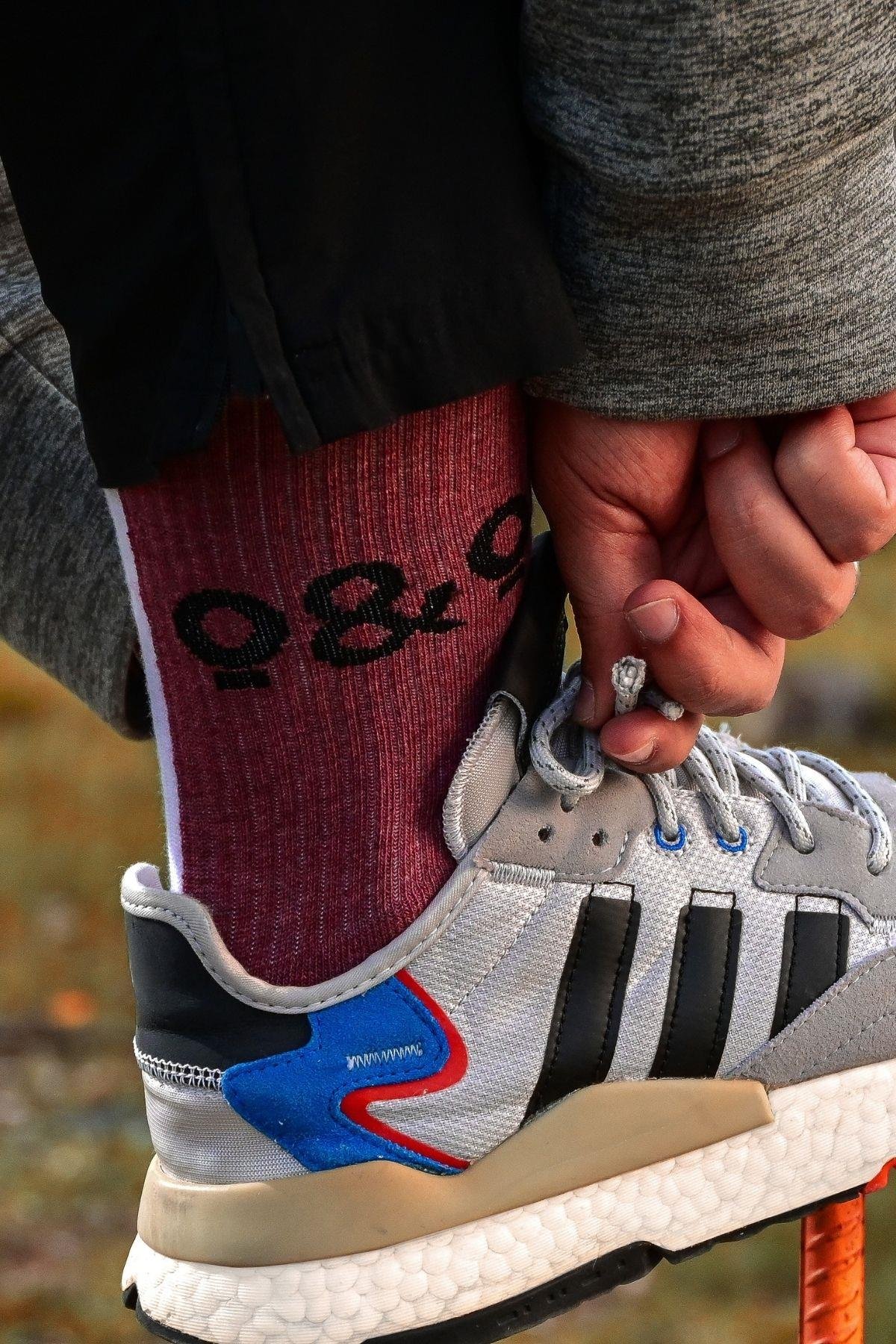 Erkek Bordo-Beyaz Logolu Soket Çorap