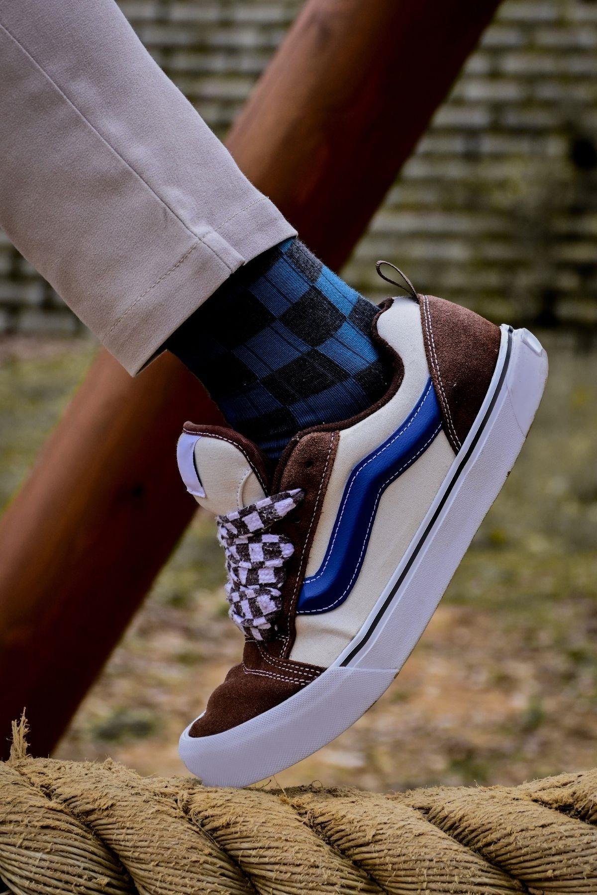 Erkek Füme-Mavi Dama Desenli Soket Çorap