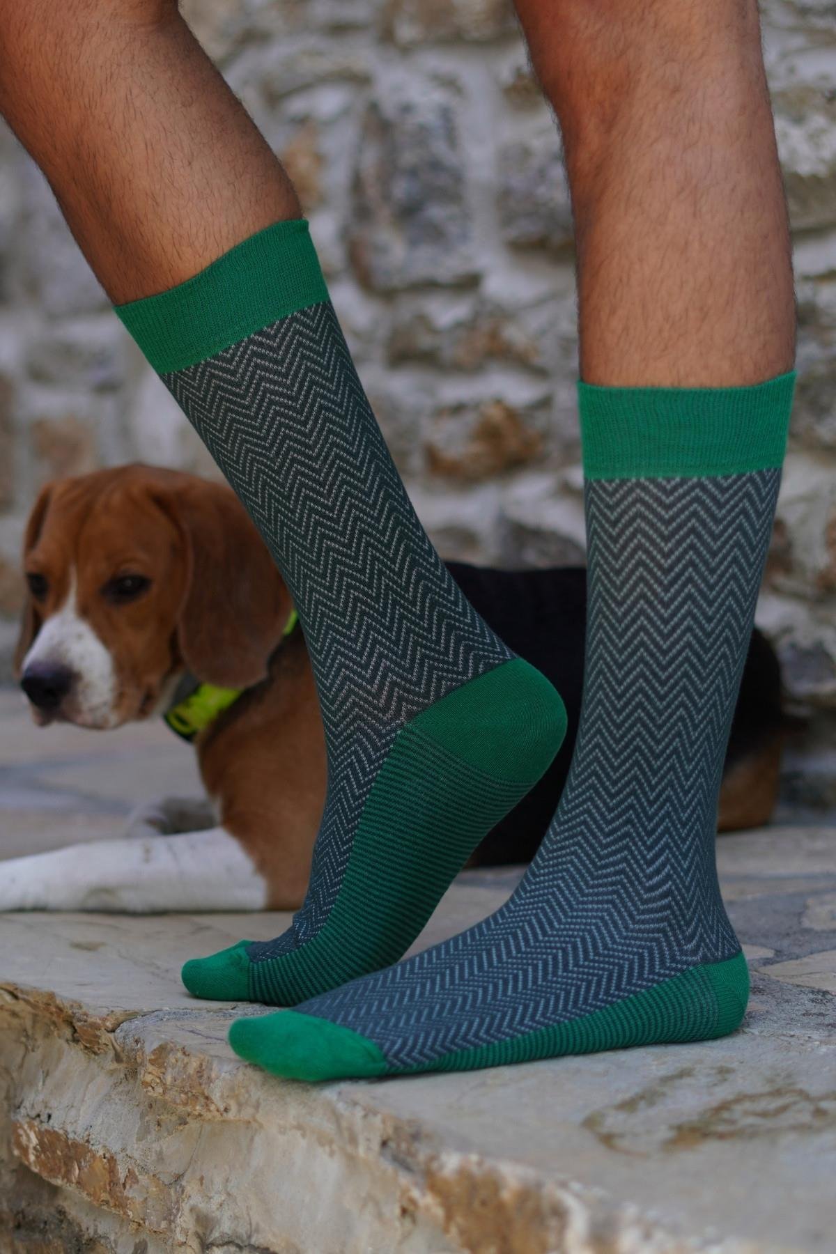 Erkek Füme-Yeşil Blok Desenli Soket Çorap
