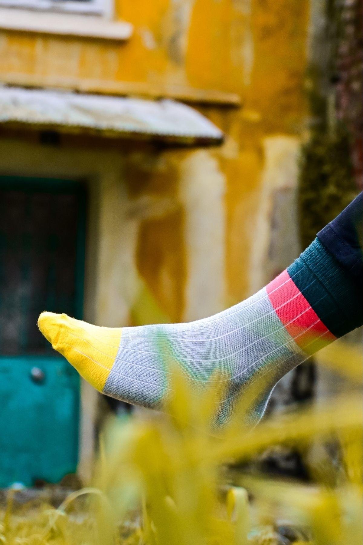 Erkek Gri-Sarı Blok Desenli Soket Çorap