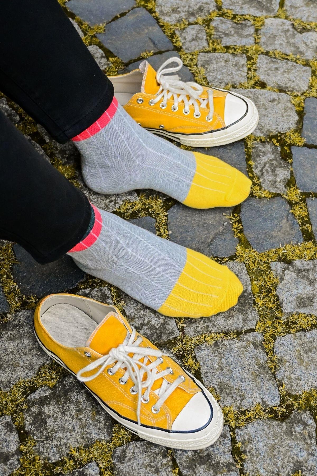 Erkek Gri-Sarı Blok Desenli Soket Çorap