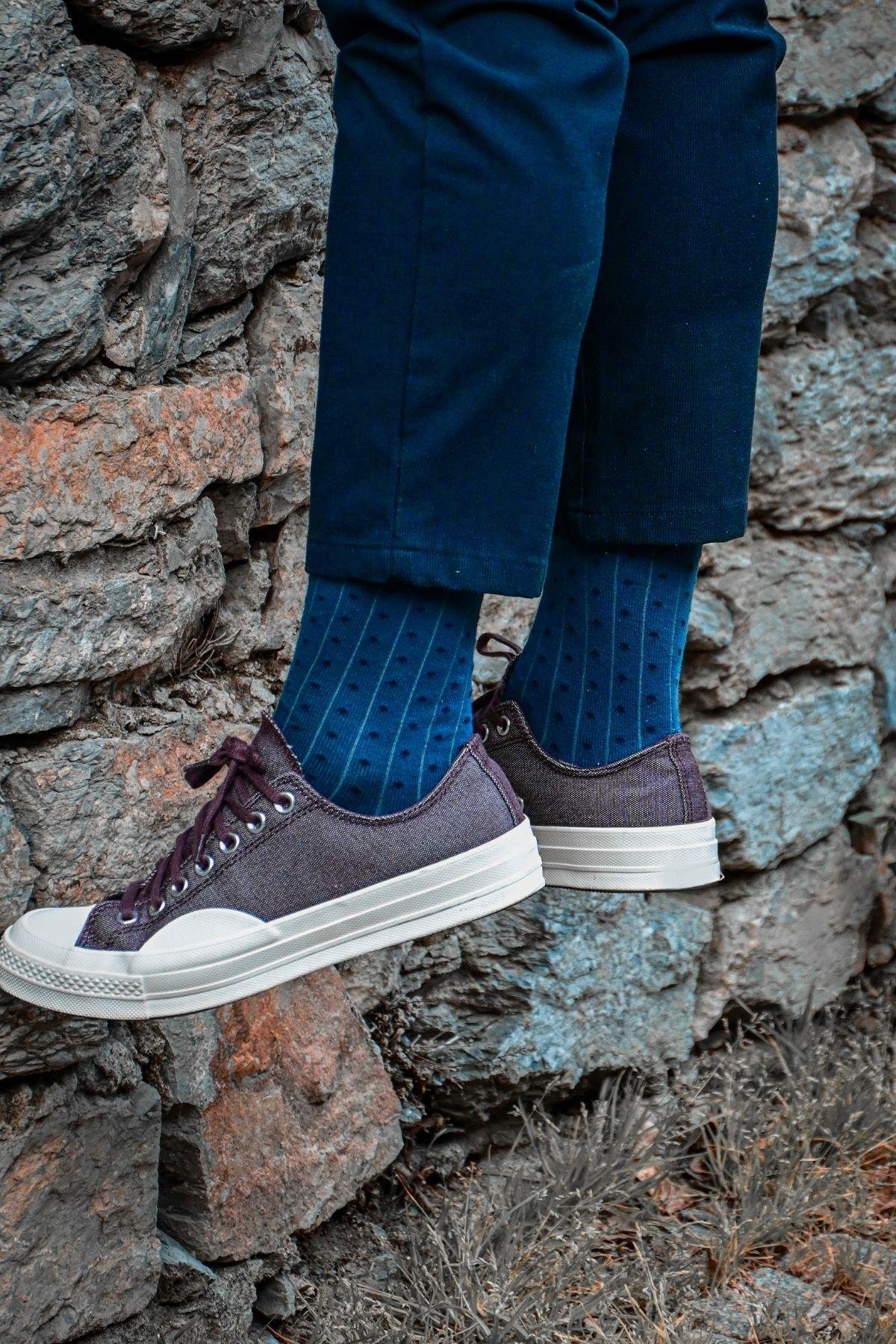 Erkek Lacivert-Bej Düz Soket Çorap