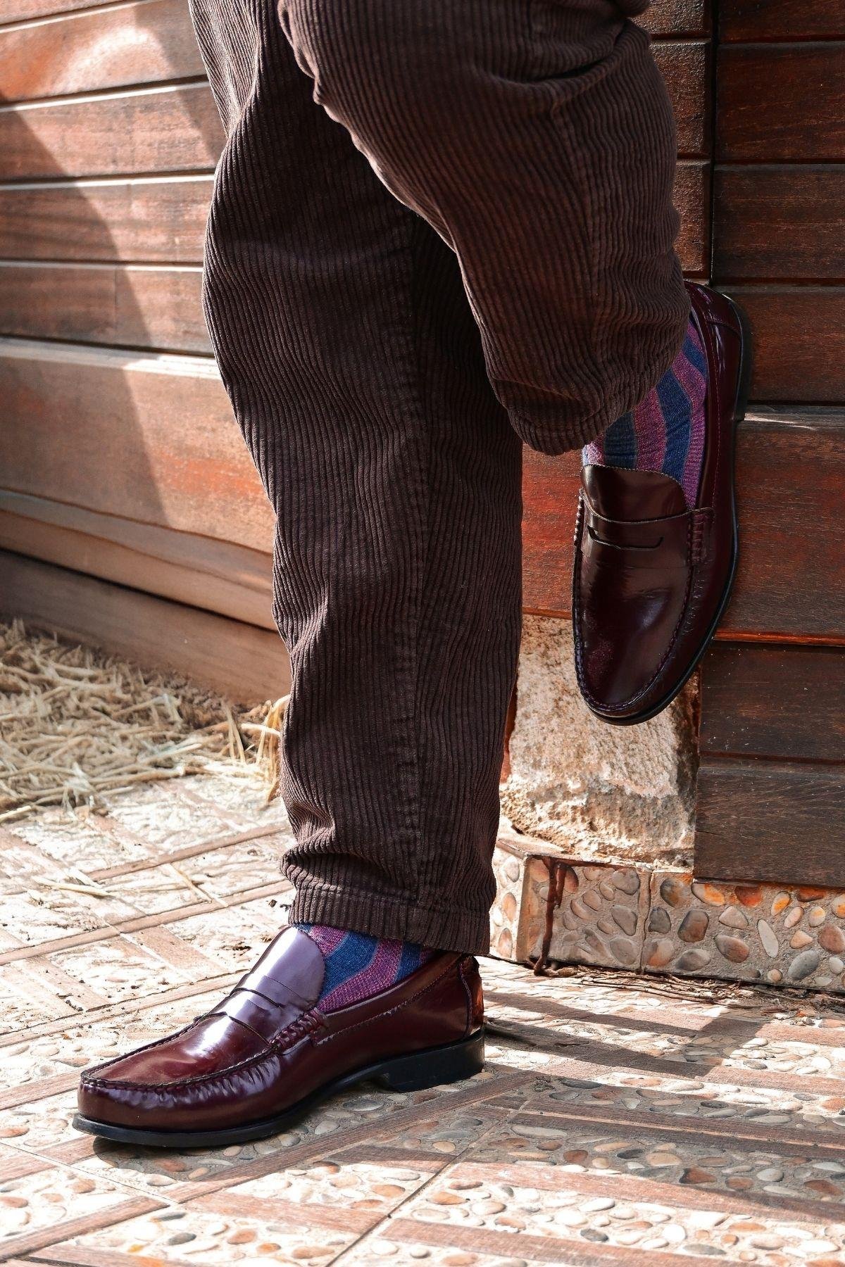 Erkek Lacivert-Bordo Çizgili Soket Çorap