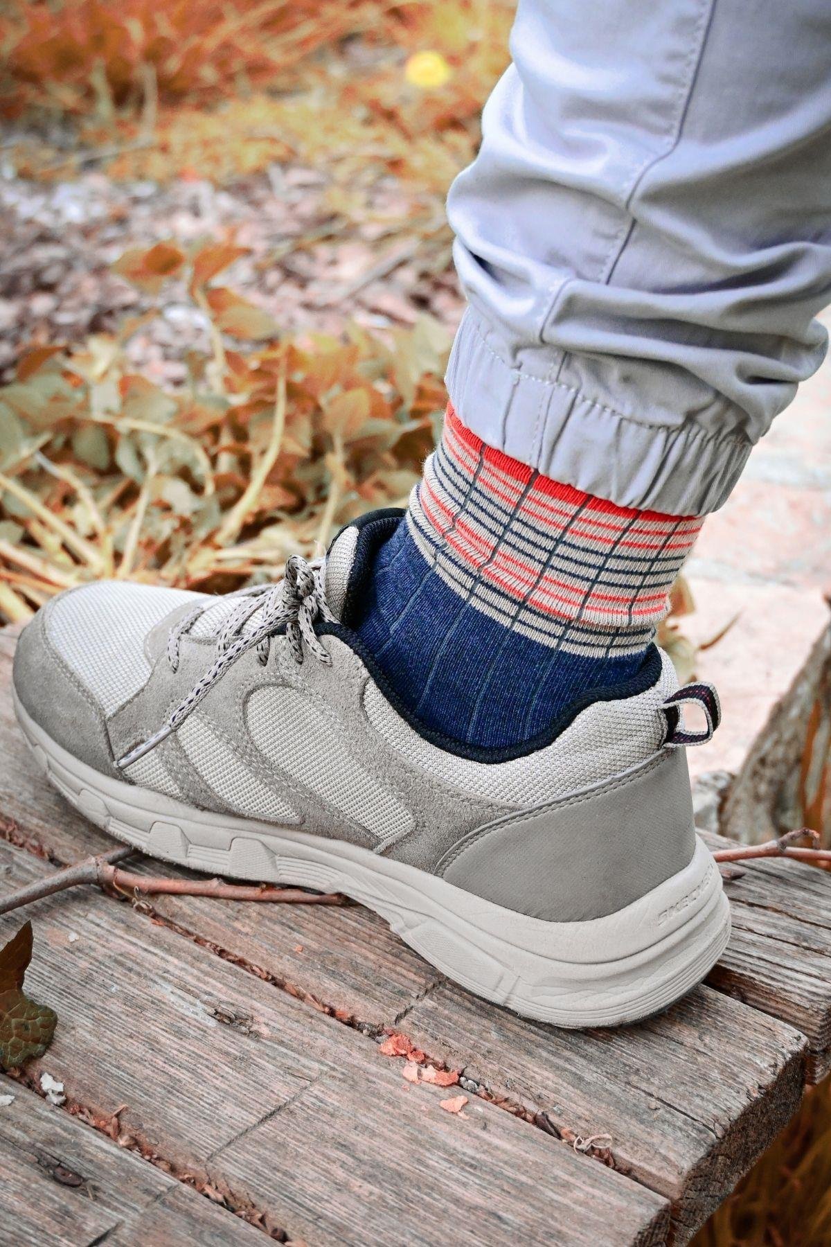 Erkek Lacivert-Mercan Çizgili Soket Çorap