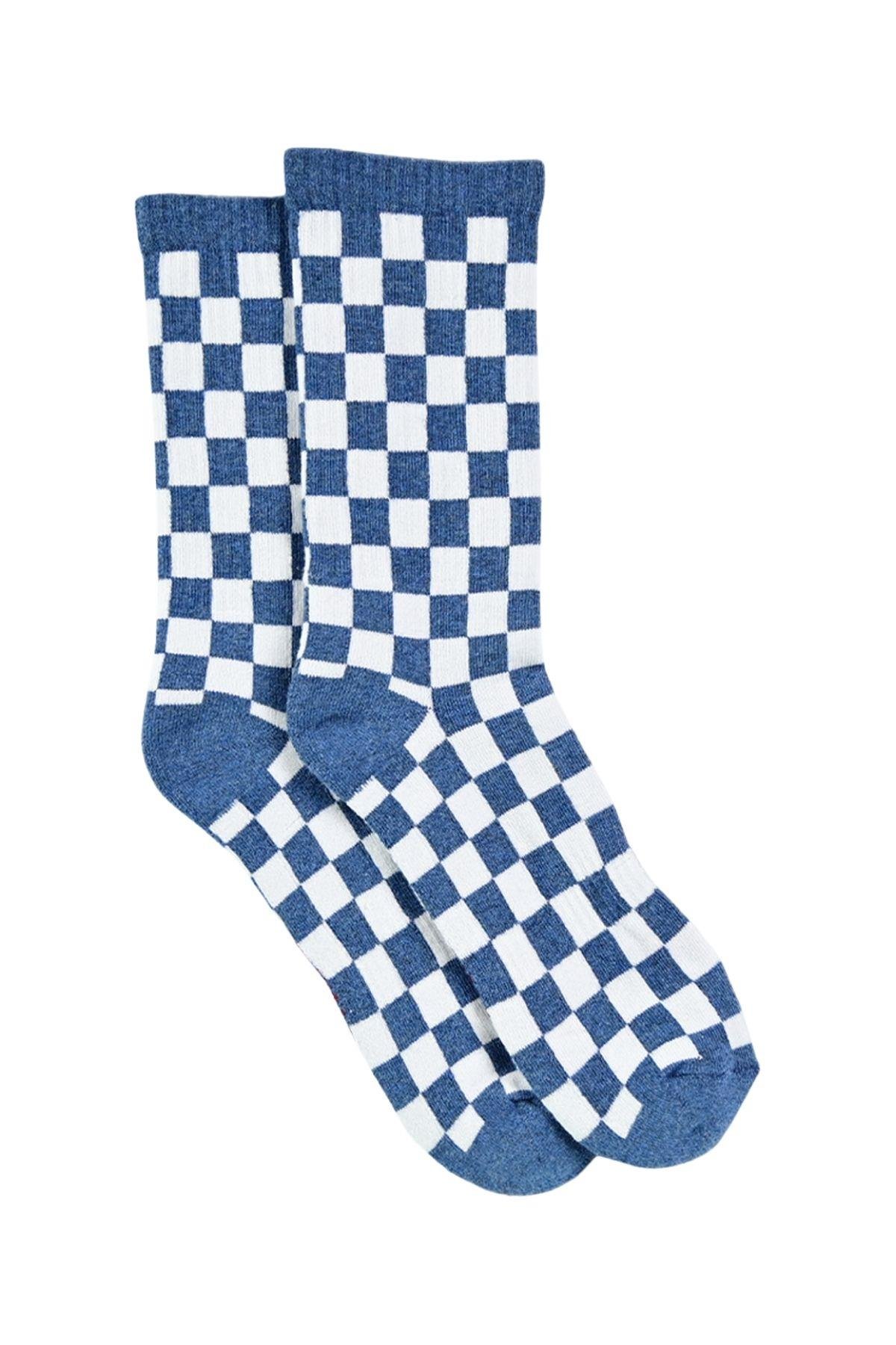 Erkek Mavi-Beyaz Dama Desenli Soket Çorap