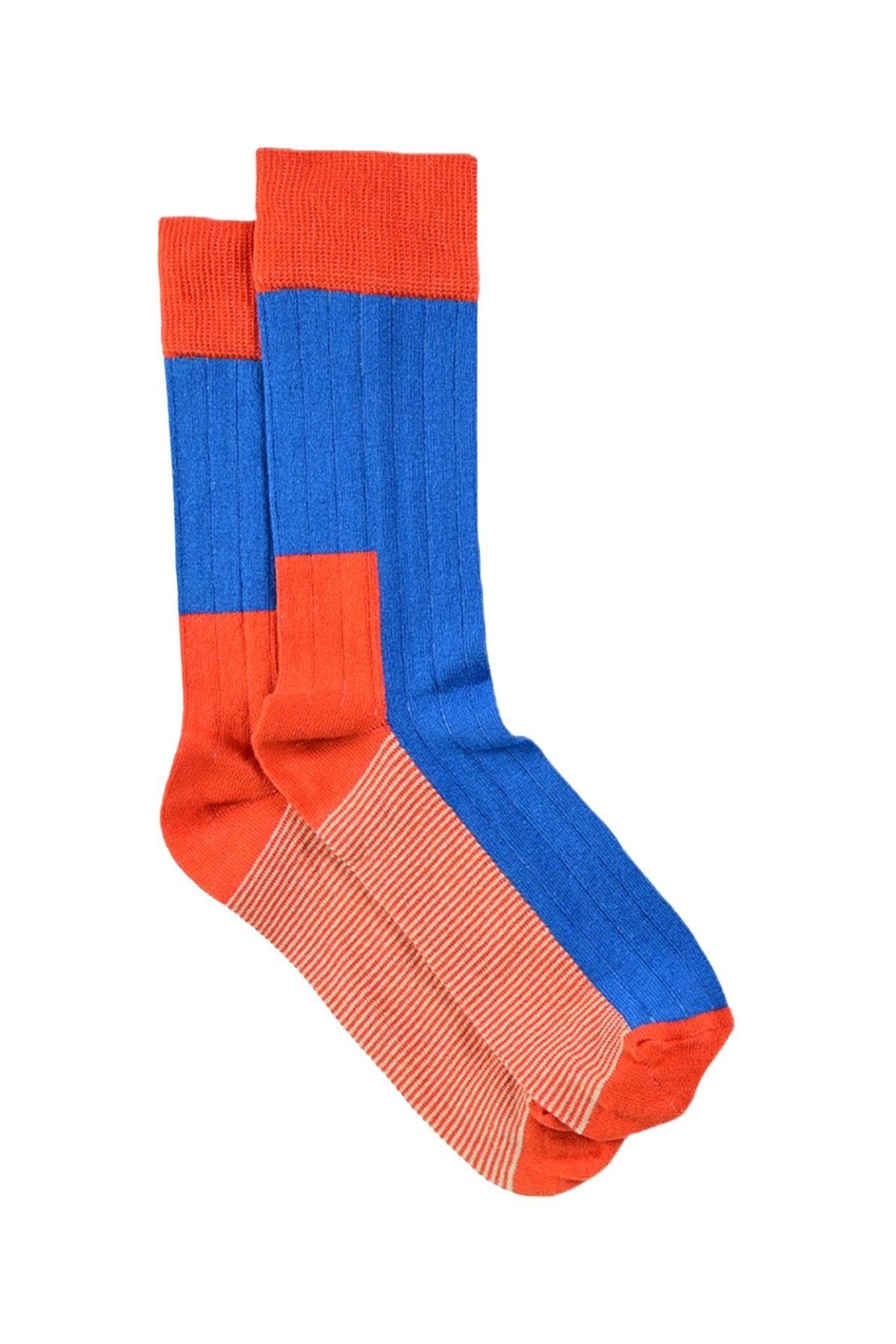 Erkek Mavi-Mercan Blok Desenli Soket Çorap