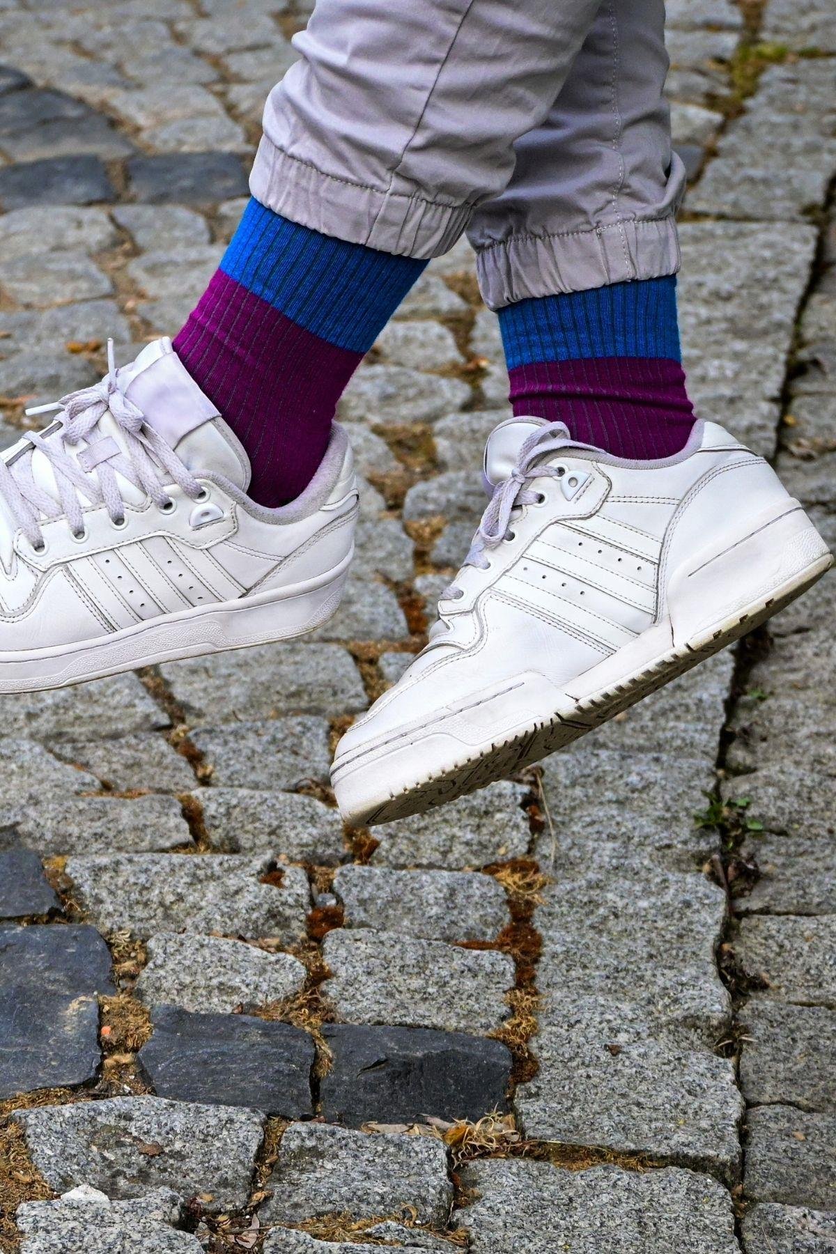 Erkek  Mavi-Mor Blok Desenli Soket Çorap