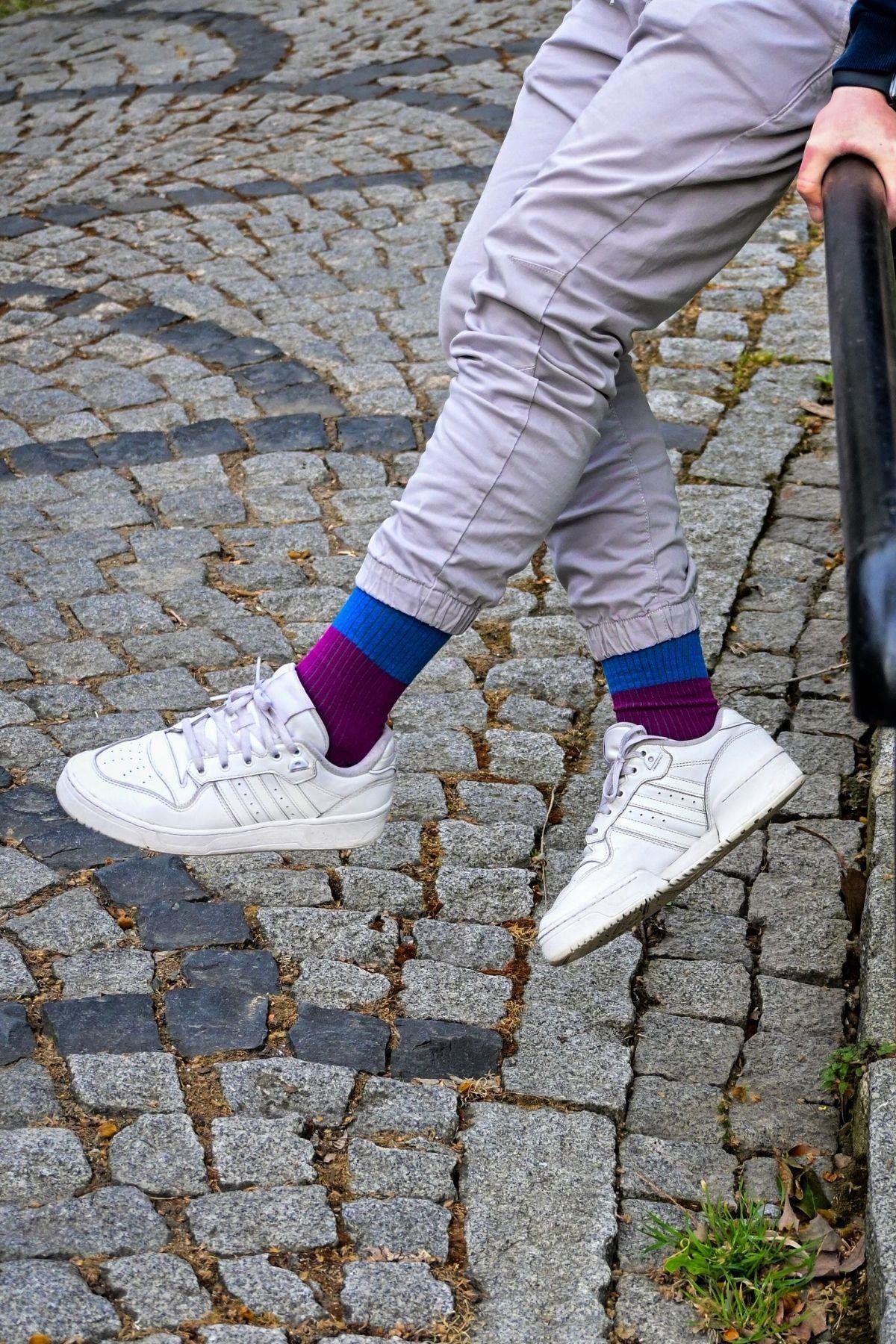 Erkek  Mavi-Mor Blok Desenli Soket Çorap