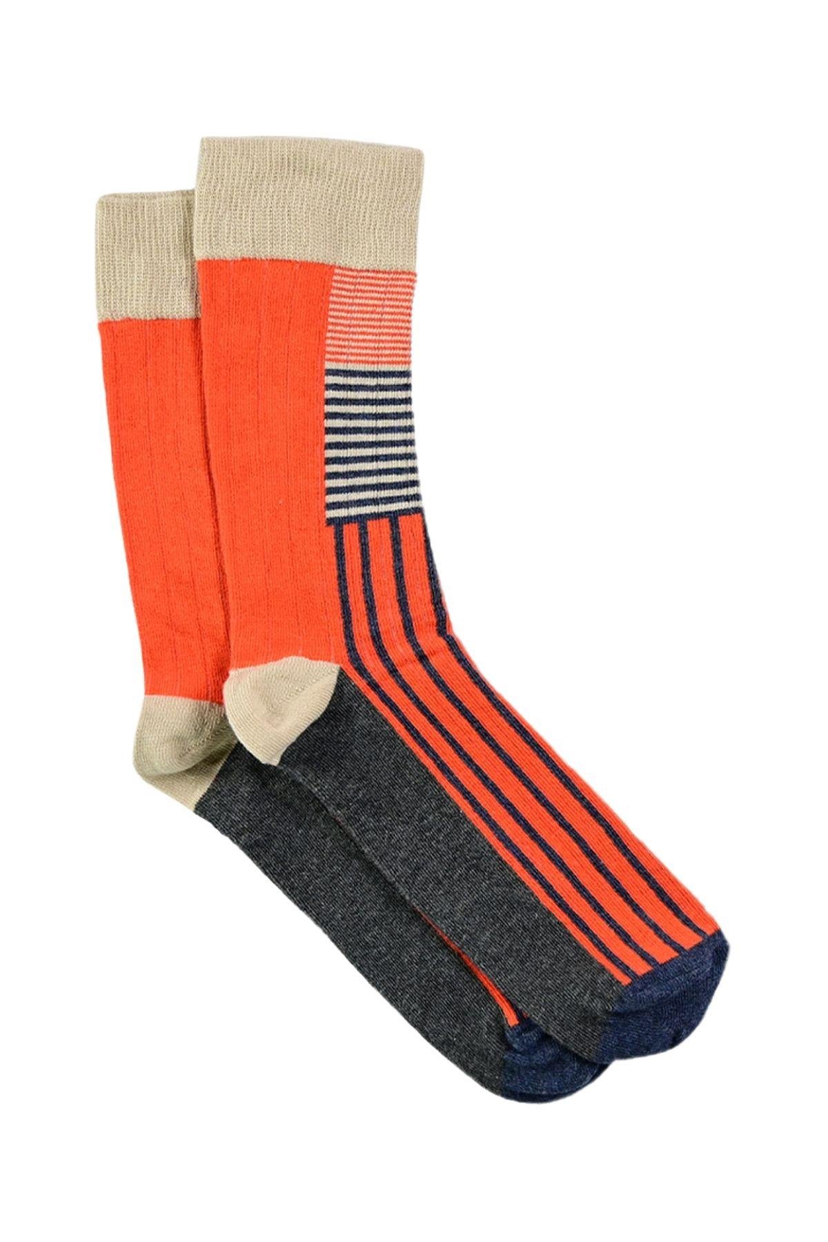 Erkek Mercan-Krem Çizgili Soket Çorap