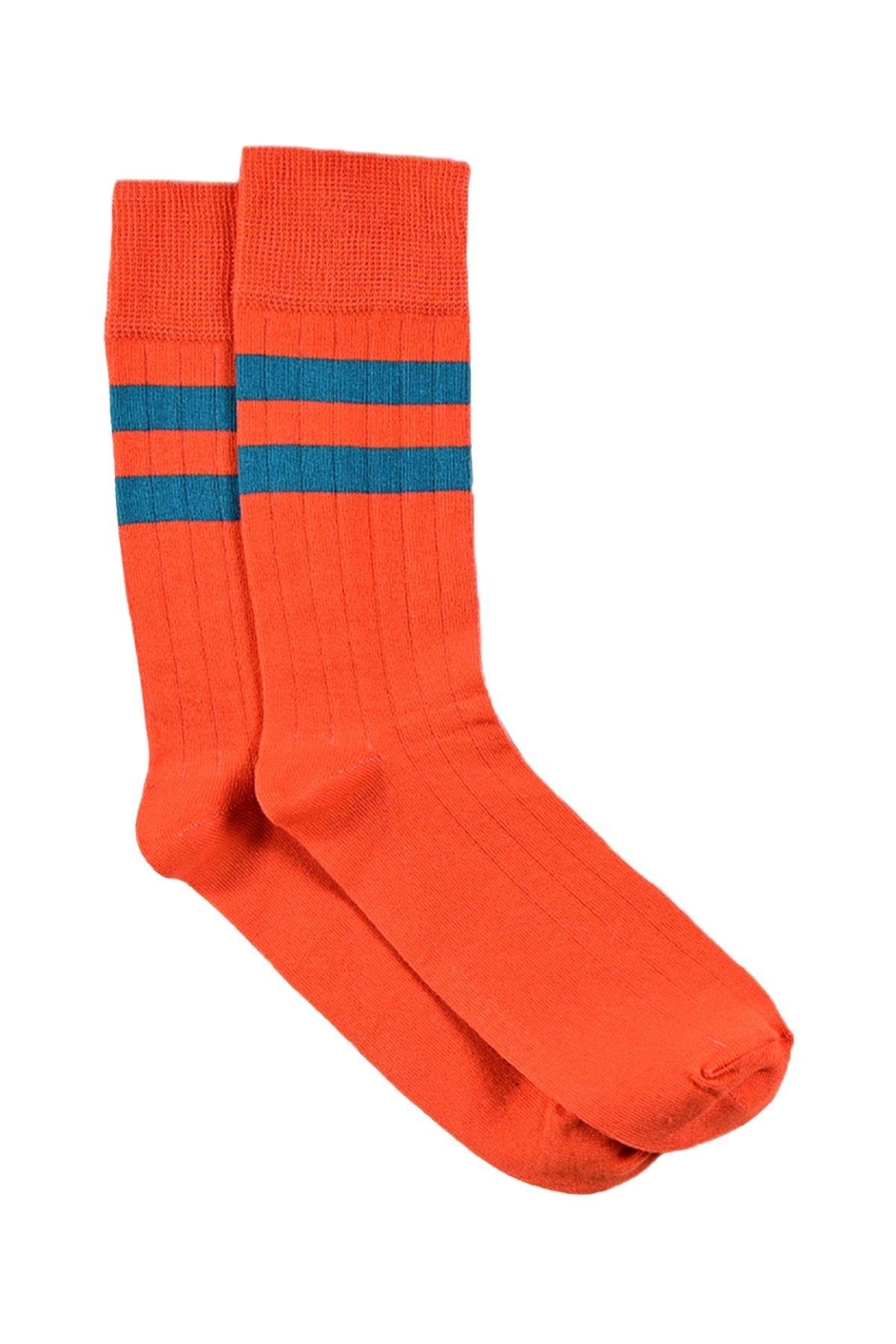 Erkek Mercan-Mavi Çizgili Tenis Çorap