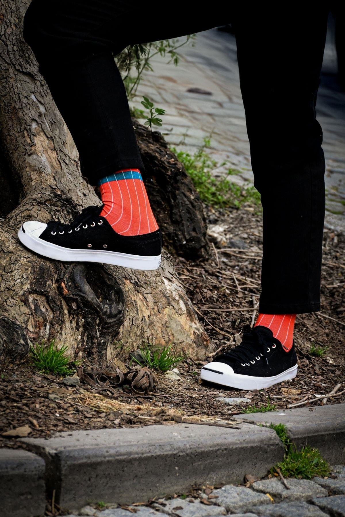 Erkek Mercan-Mavi Çizgili Tenis Çorap