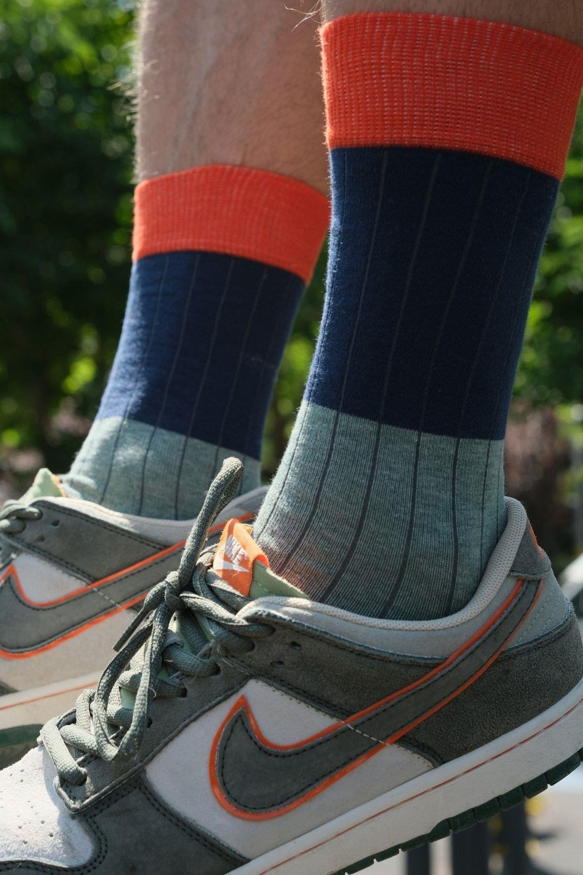 Erkek Mint-Füme Blok Desenli Soket Çorap