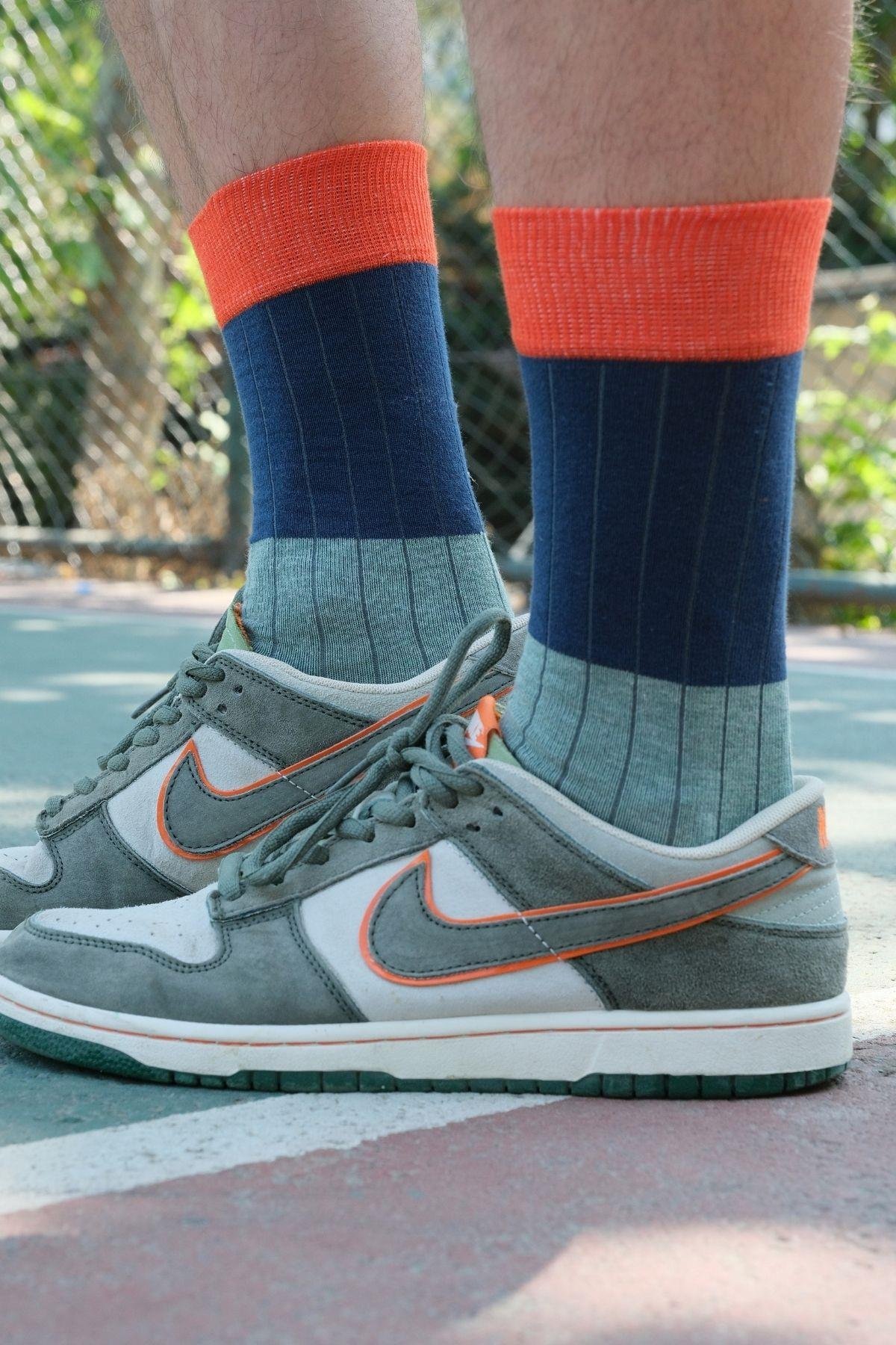 Erkek Mint-Füme Blok Desenli Soket Çorap